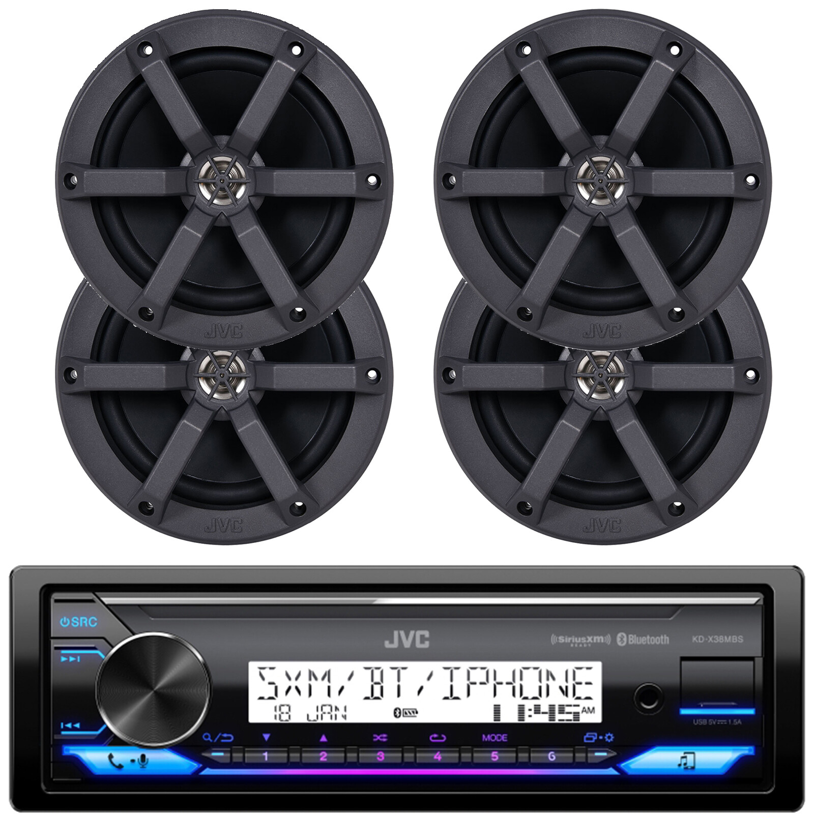 JVC KD-X38MBS Bluetooth USB LED Stereo Receiver, 4x 6.5″ 100W Marine Speakers