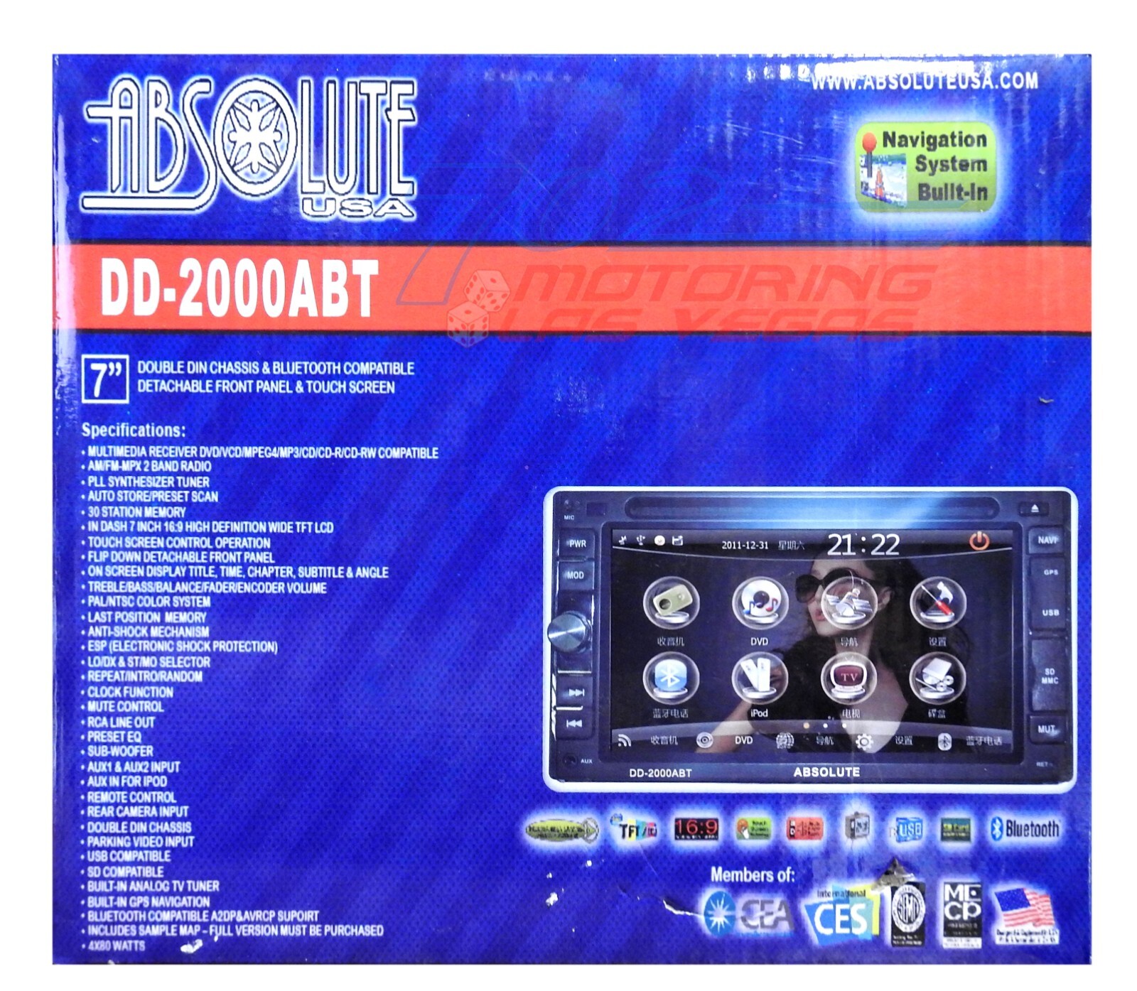 ABSOLUTE USA DD2000ABT IN-DASH MULTIMEDIA DVD PLAYER RECEIVER VCD MPEG4 MP3 CDR