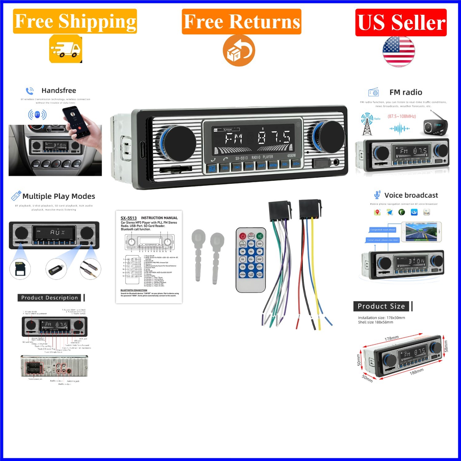 7″ Single DIN Car Stereo Bluetooth FM Radio MP3 WMA Wav Support