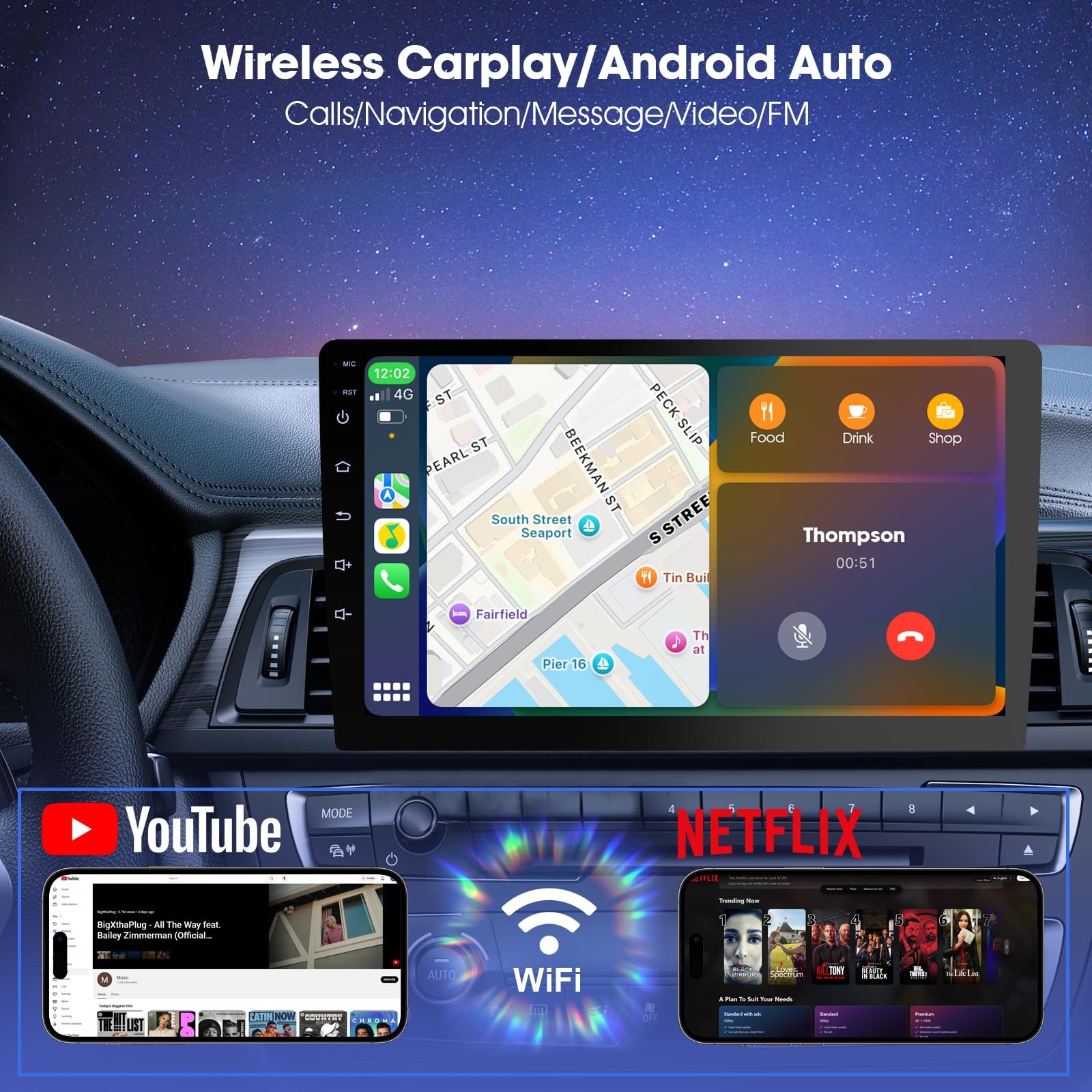 9 Inch Wireless Carplay Screen for Car,Double Din Car 9 inch-4+64GB, black