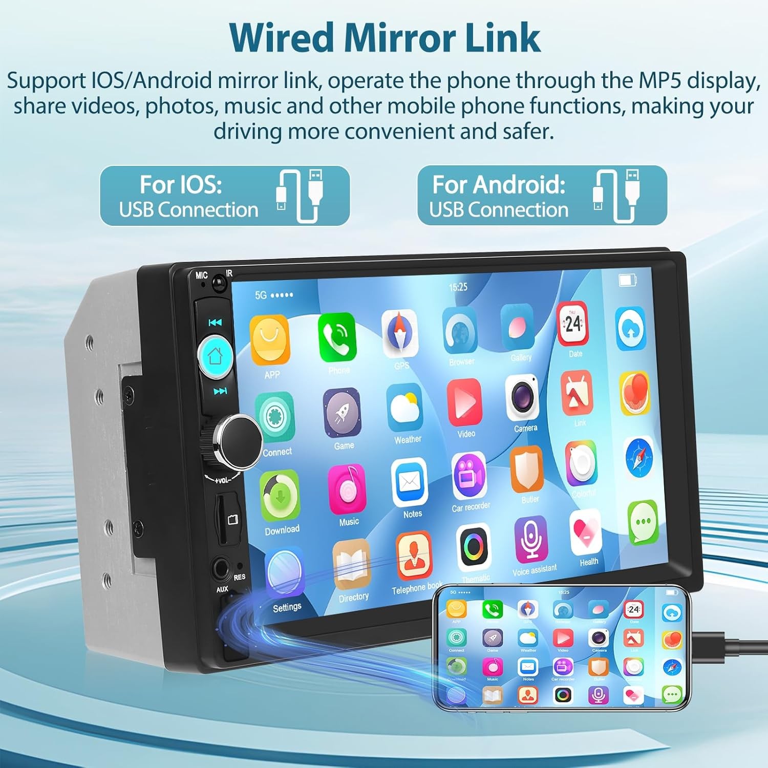 7″ Double 2DIN Car Stereo Radio FM Mirror Link Bluetooth Player Touch Screen Cam