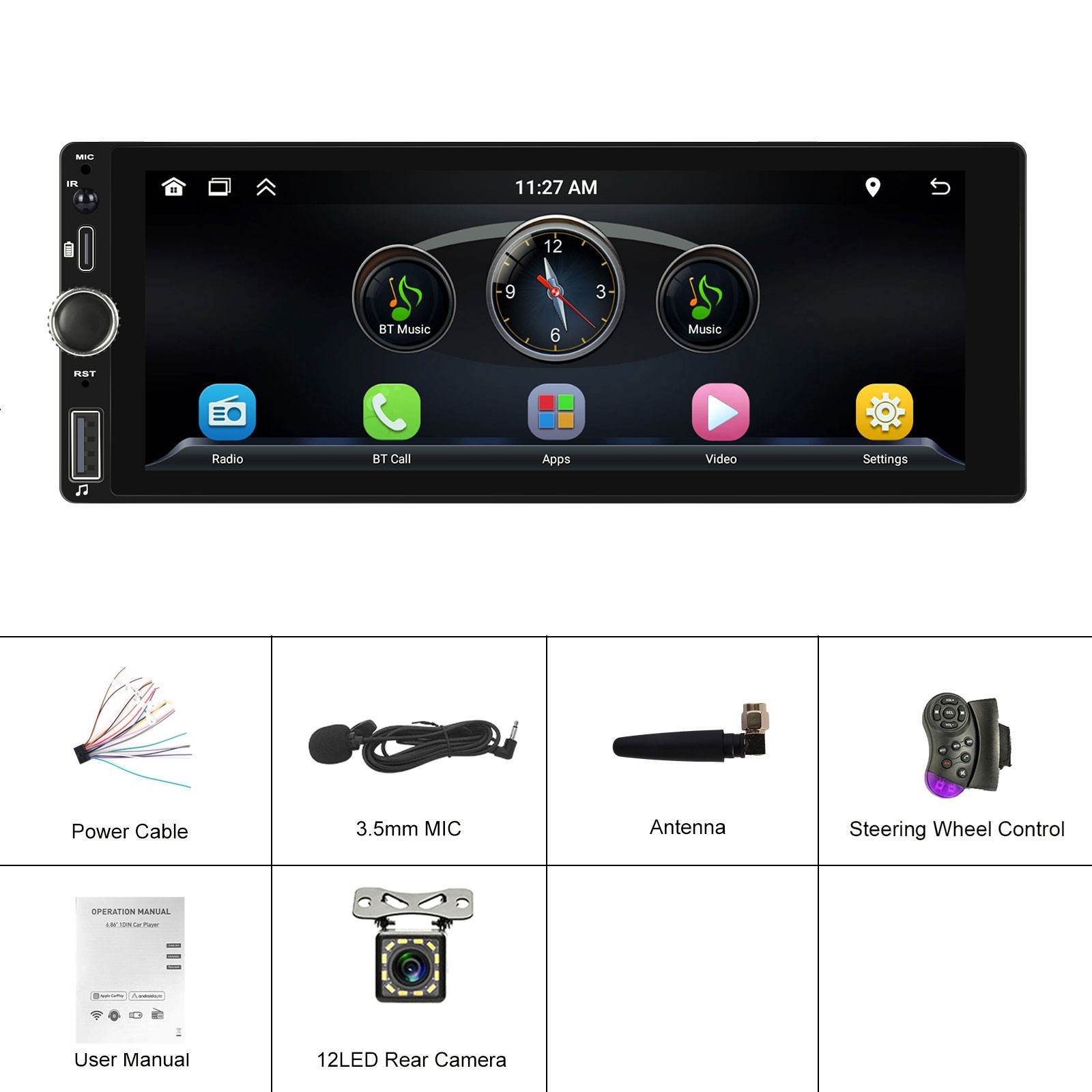Single 1 Din Android 13 Carplay Car Stereo Radio GPS WIFI BT Touch Screen 6.9″