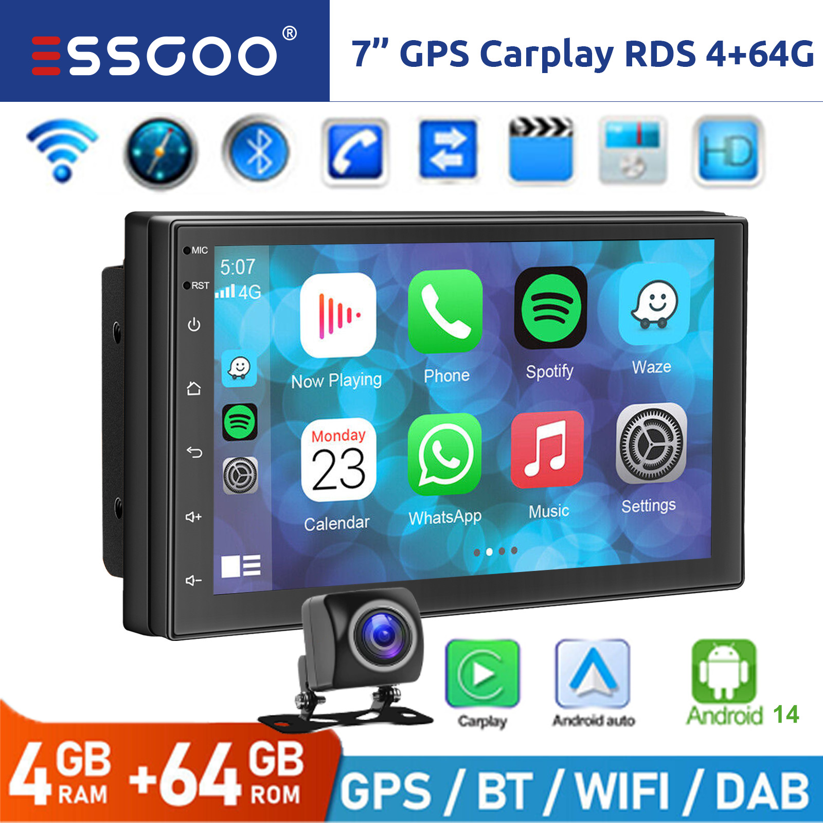 7″ 2 DIN 4G+64G Android 14 Car Stereo Apple Carplay Radio GPS NAVI Wifi Camera