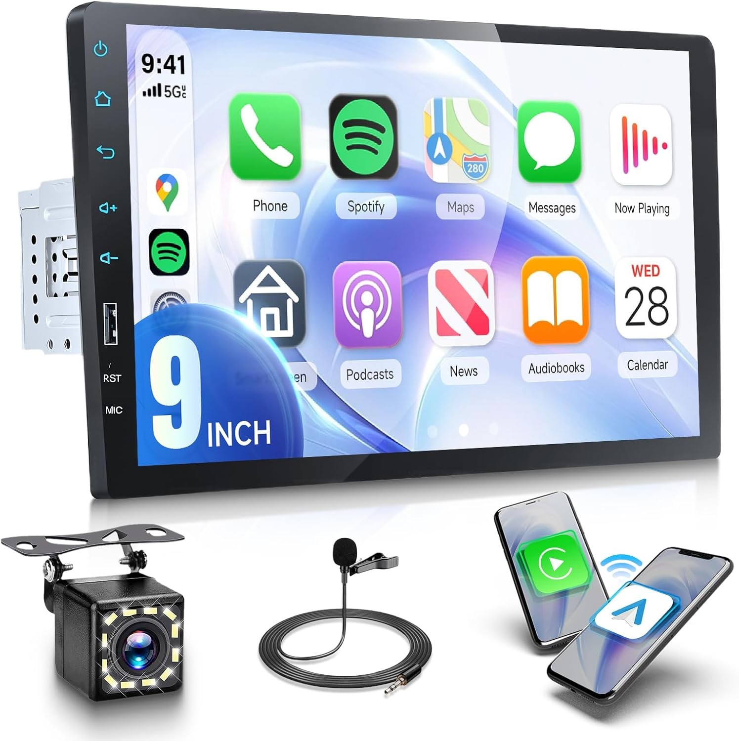 9 Inch Single Din Car Radio Stereo, Wireless CarPlay Android Auto, 1 Din HD Touc