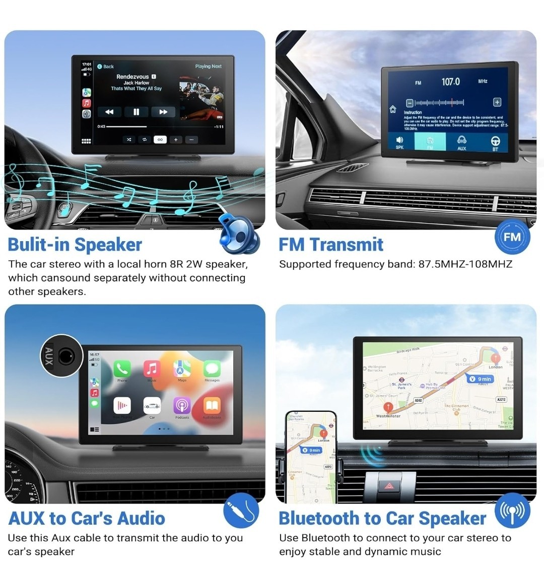 Wireless Apple Carplay Screen for Car 4K Dash Cam, 9″ Portable Carplay