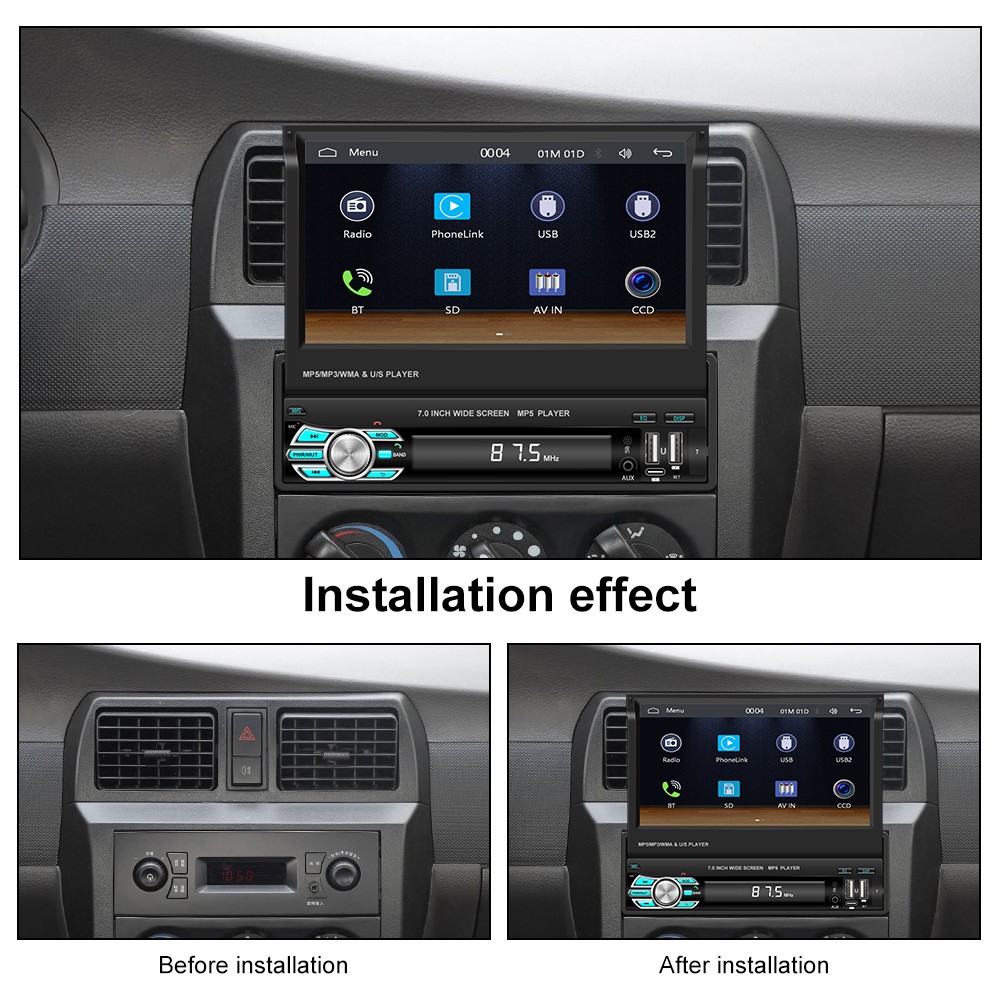 Single 1DIN Car Radio Stereo Touch Screen BT Flip out MP5 Player Carplay +Camera