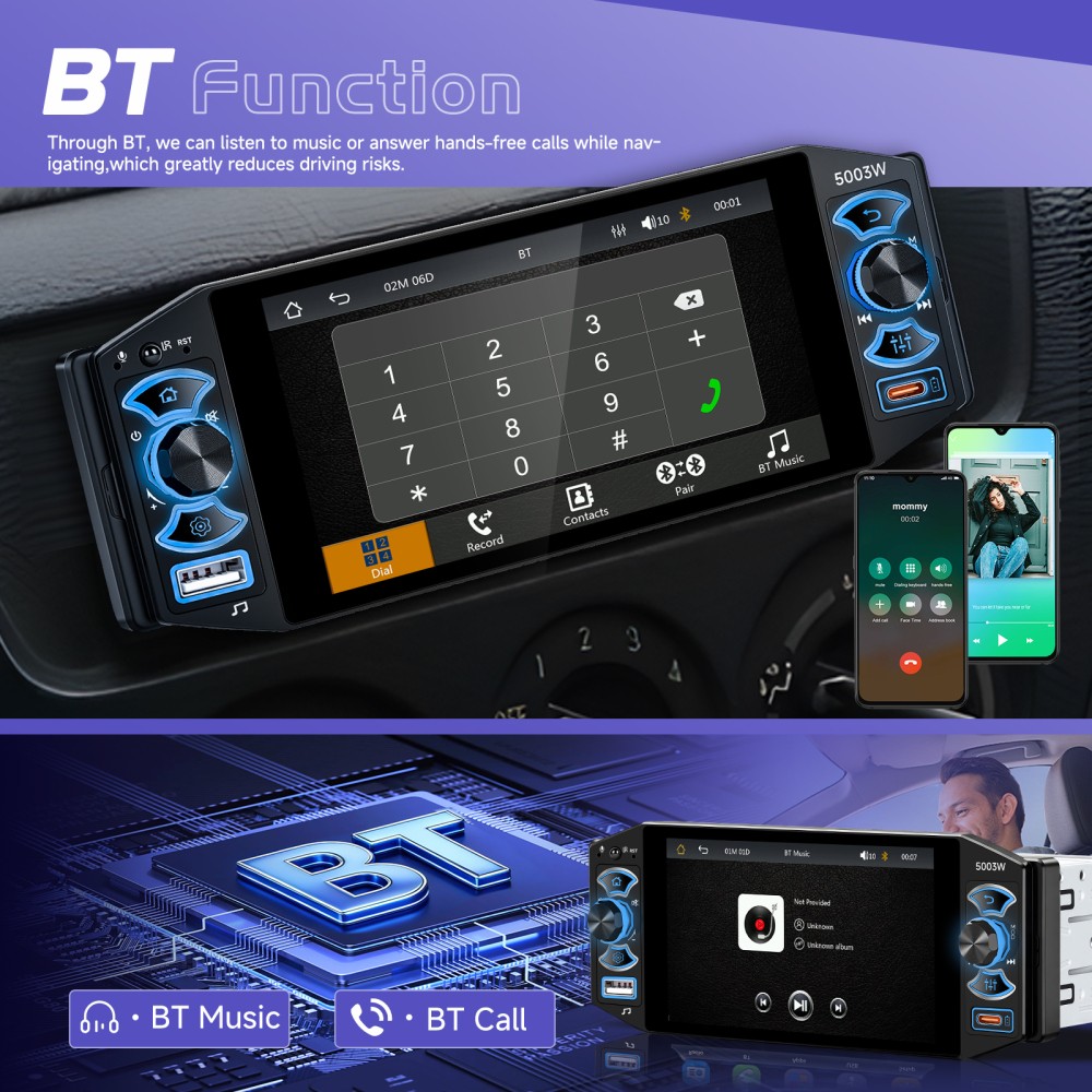 5″ Single 1Din Car Stereo Radio USB BT Wireless Android auto Carplay BT + Camera