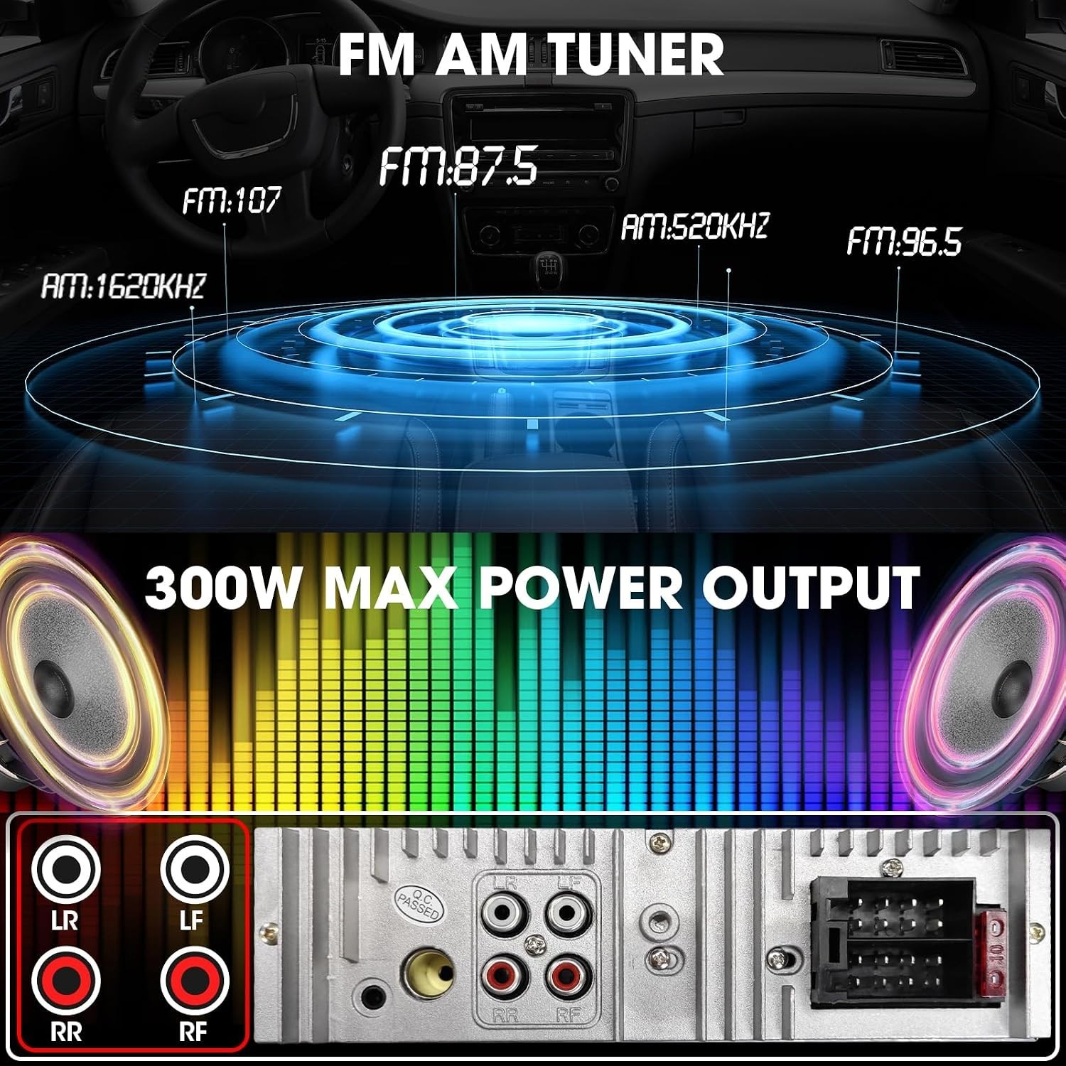 300W Bluetooth Marine Stereo Receiver – Single DIN In-Dash AM/FM Radio with USB/