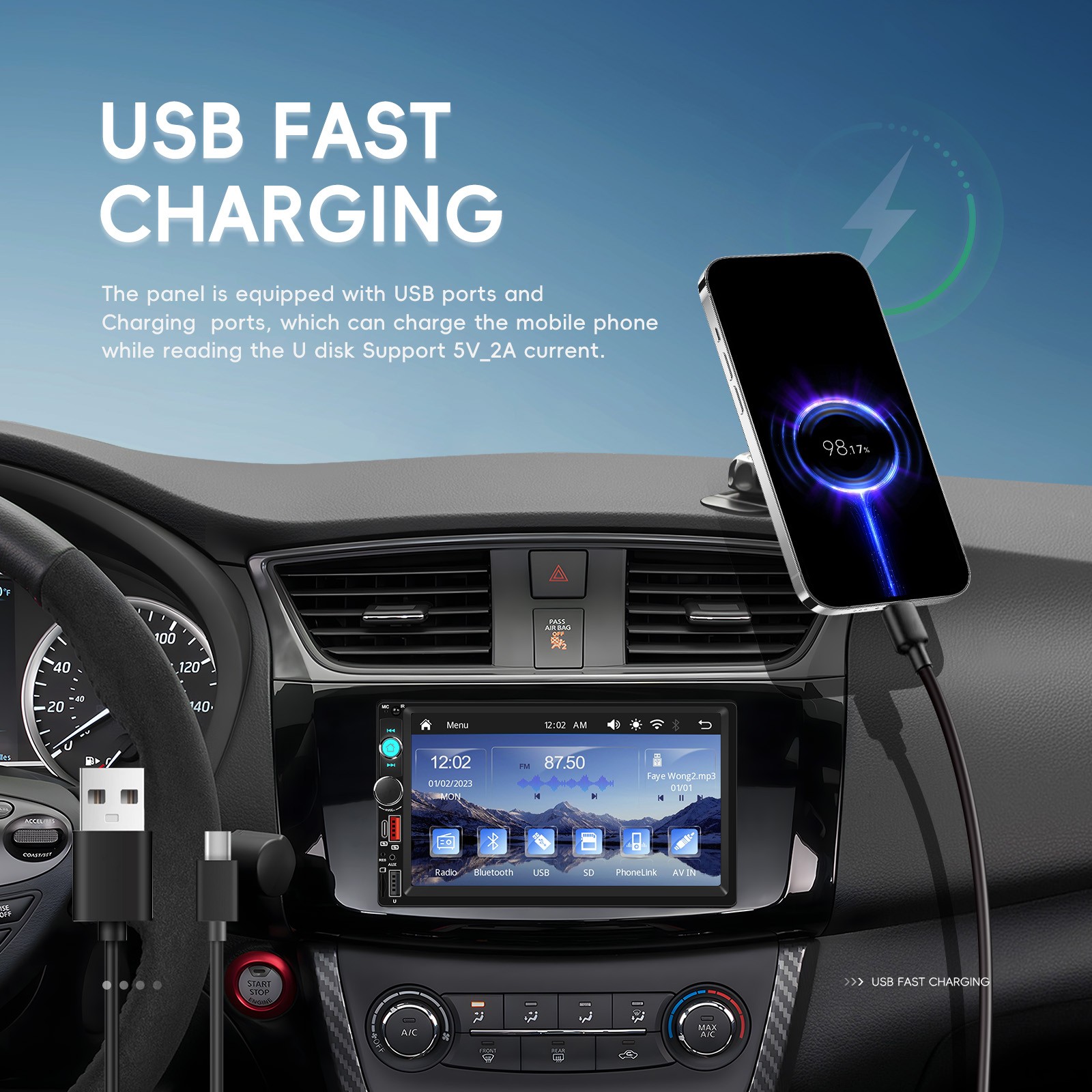 2 Din 7″ Apple Carplay Android Auto Car Stereo Radio Bluetooth Type-C USB Camera