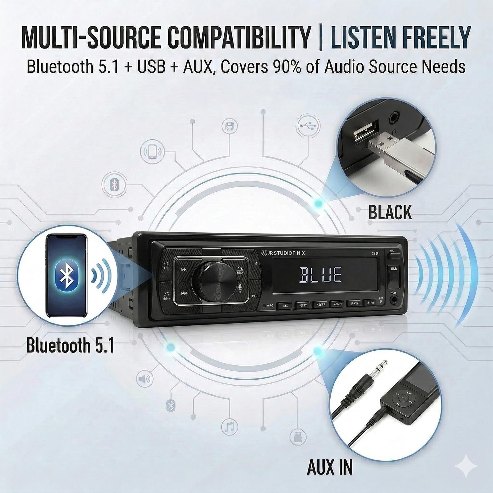 STUDIOFINIX Single Din Bluetooth 5.1 Marine Car Stereo Receiver, 240W Audio H…