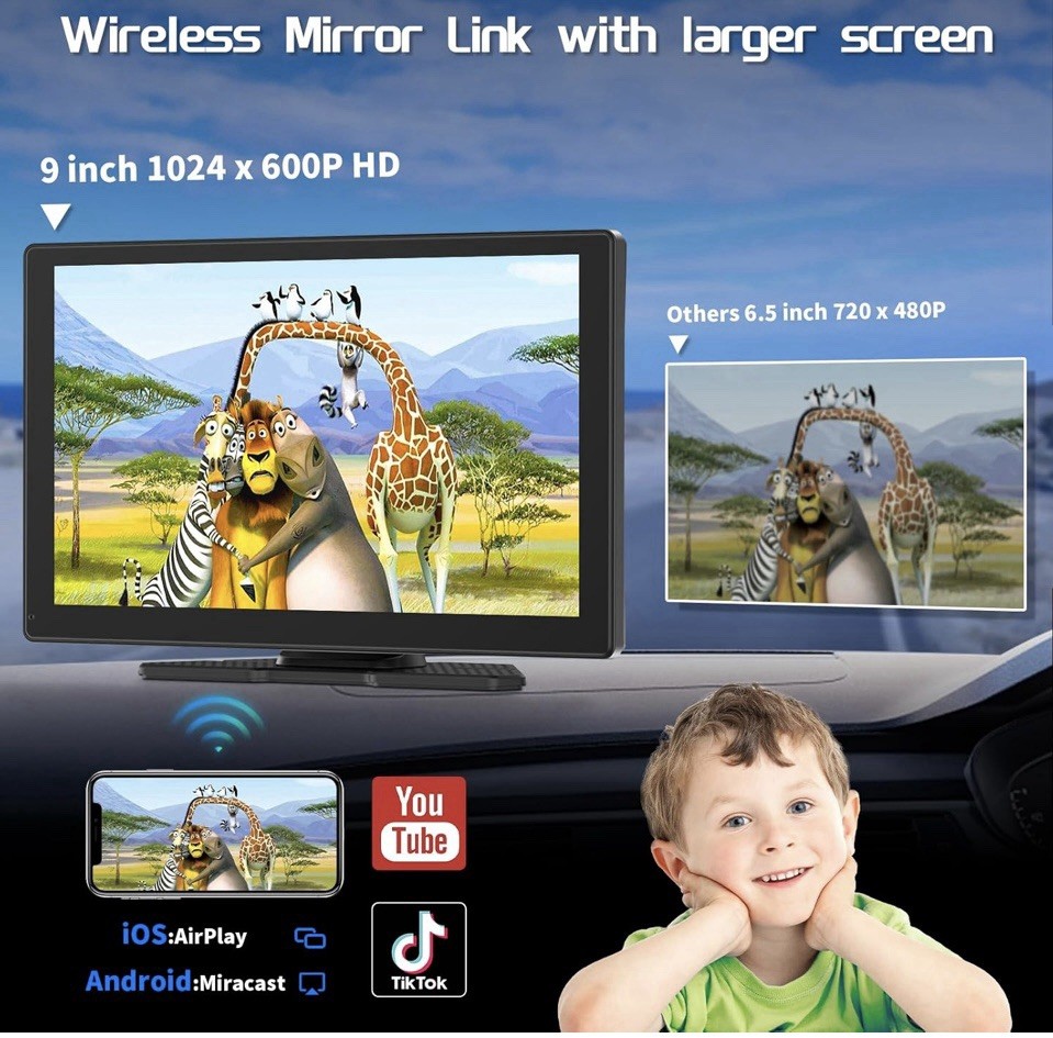 Q9S/9″ Portable Wireless Carplay & Android Auto 1080P Backup Camera-NEW.