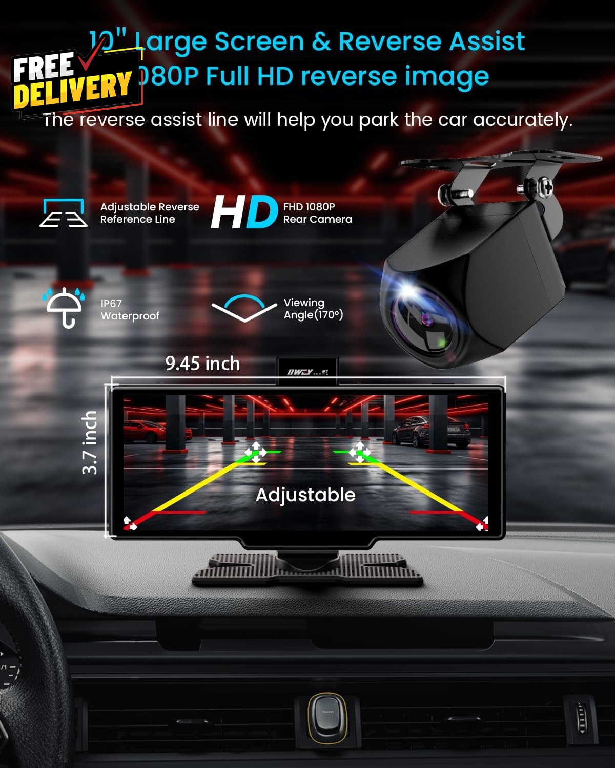10″ Portable CarPlay Screen Wireless Android Auto 4K Dash Cam Backup Camera