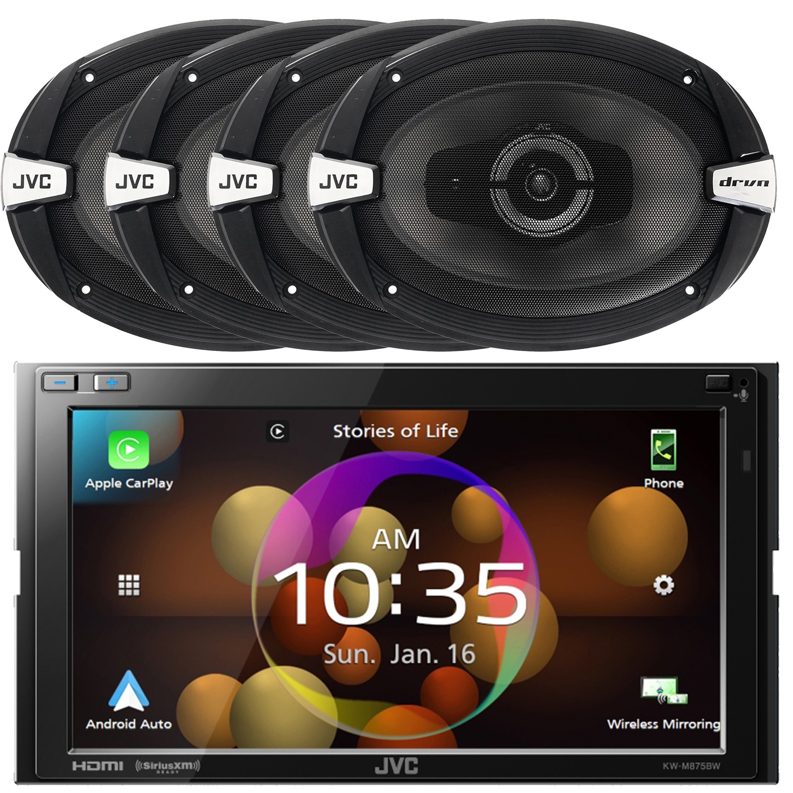 JVC 2DIN In-Dash Bluetooth WiFi USB AV Receiver, 4x 6×9″ 500 Watts 3Way Speakers