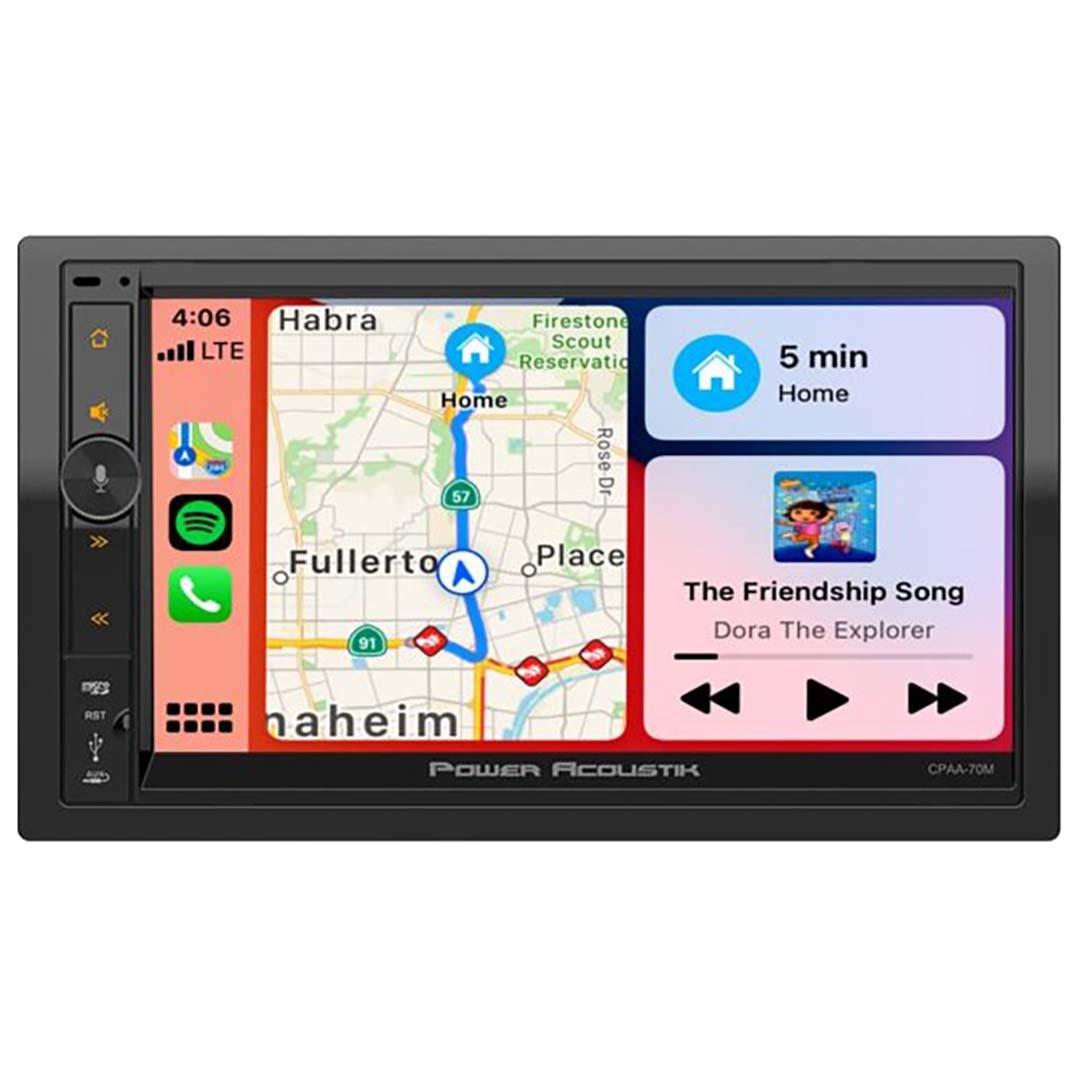 POWER ACOUSTIK 7″ LCD DOUBLE-DIN RECEIVER w/WIRELESS APPLE CARPLAY, ANDROID AUTO