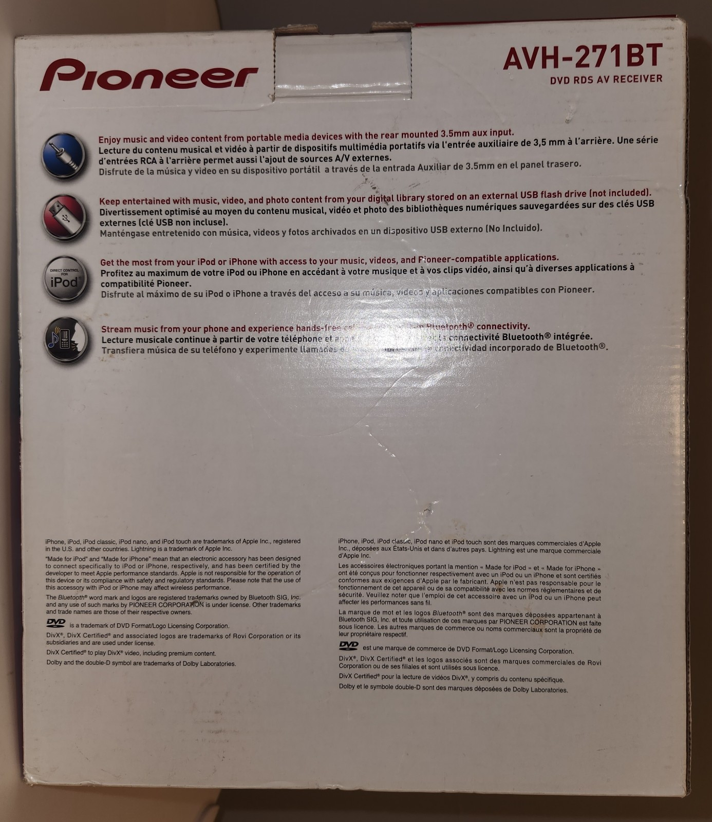 Pioneer AVH-271BT DVD RDS AV Receiver Aux USB IPod IPhone Bluetooth Radio NEW