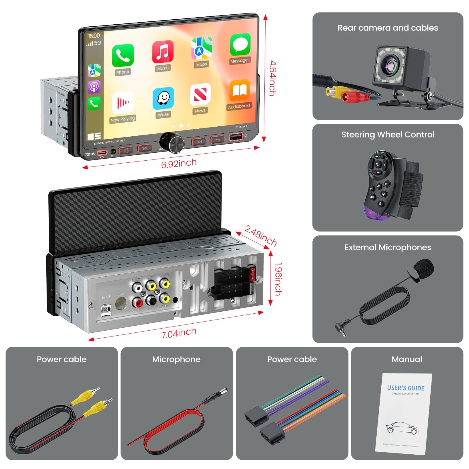 7” Single Din Car Stereo with Apple CarPlay, Android Auto, Bluetooth 5.3, 1080P