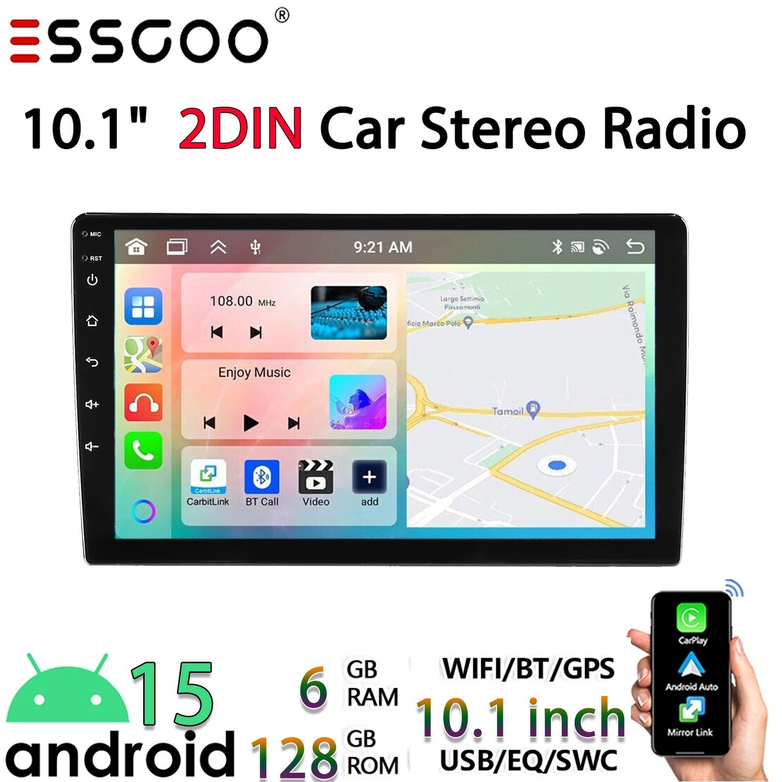 10″ 6+128GB Double 2 DIN Car Stereo Radio 8-Core Apple CarPlay Android 15 GPS FM