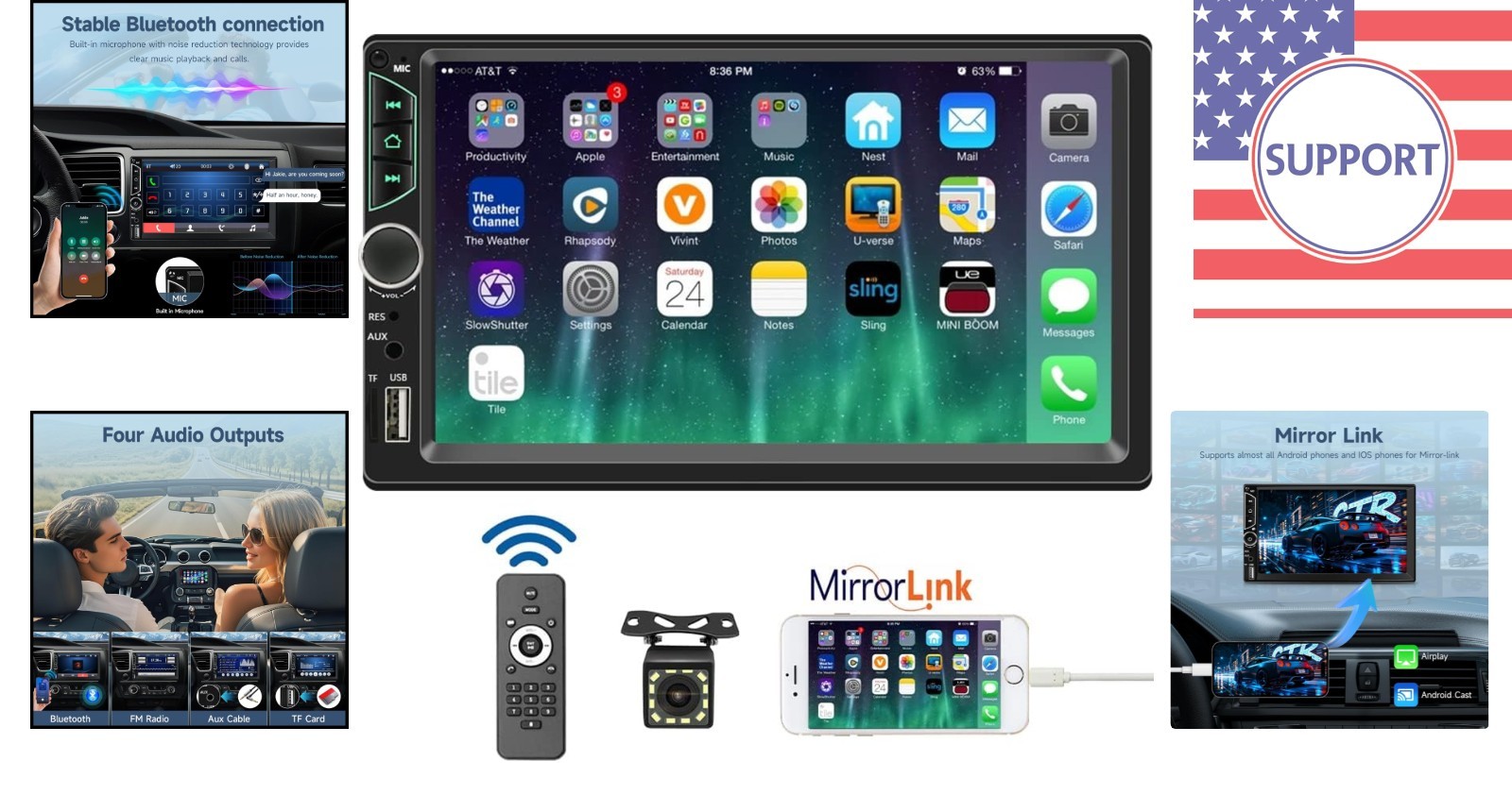 HD Touchscreen Double Din Car Radio with Bluetooth 5.0 & Mirror Link Support
