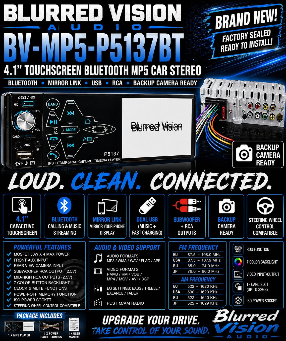 Blurred Vision Audio BV-MP5-P5137BT MP5 Player Touch Screen 2USB Mirror Link