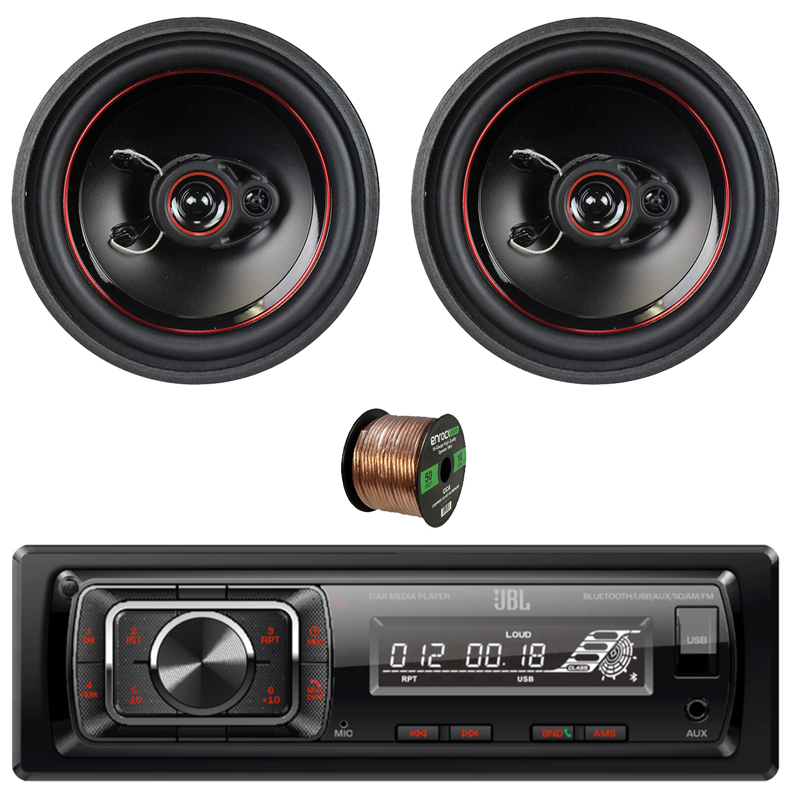 JBL Single-DIN USB/FM Sub Output Radio, 6.5″ 330W Max Tri Axial Speakers (Pair)
