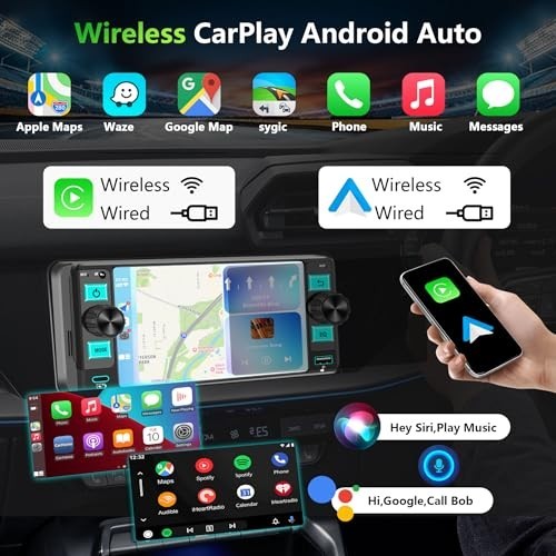 Single Din Touchscreen Car Stereo – Wireless Apple CarPlay, Android Auto, Blueto
