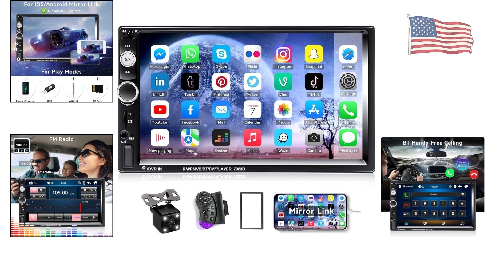 7” Double Din Car Stereo with 1080P Display, Bluetooth, & Backup Camera Included