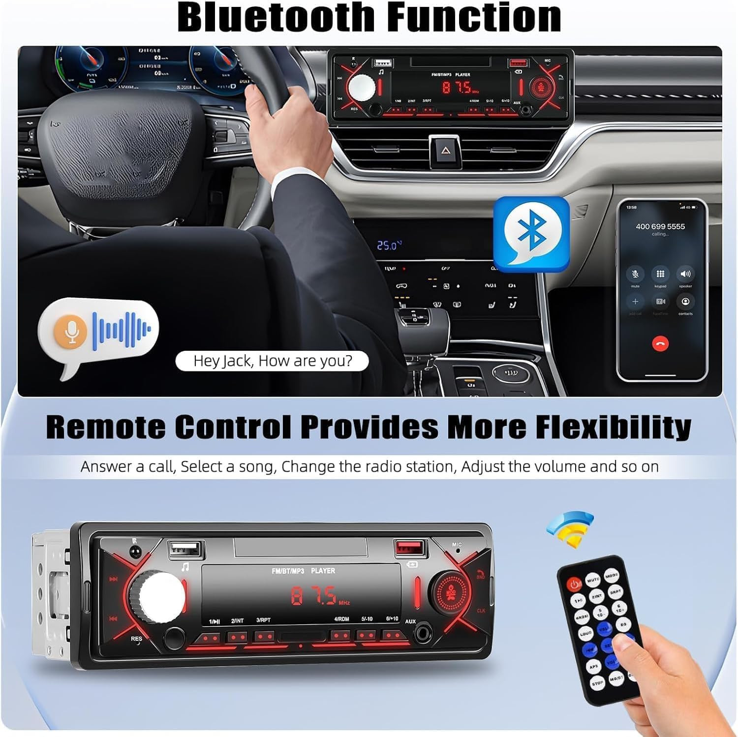 Single DIN Car Stereo Bluetooth FM MP3 USB SD AUX Multimedia Player Radio