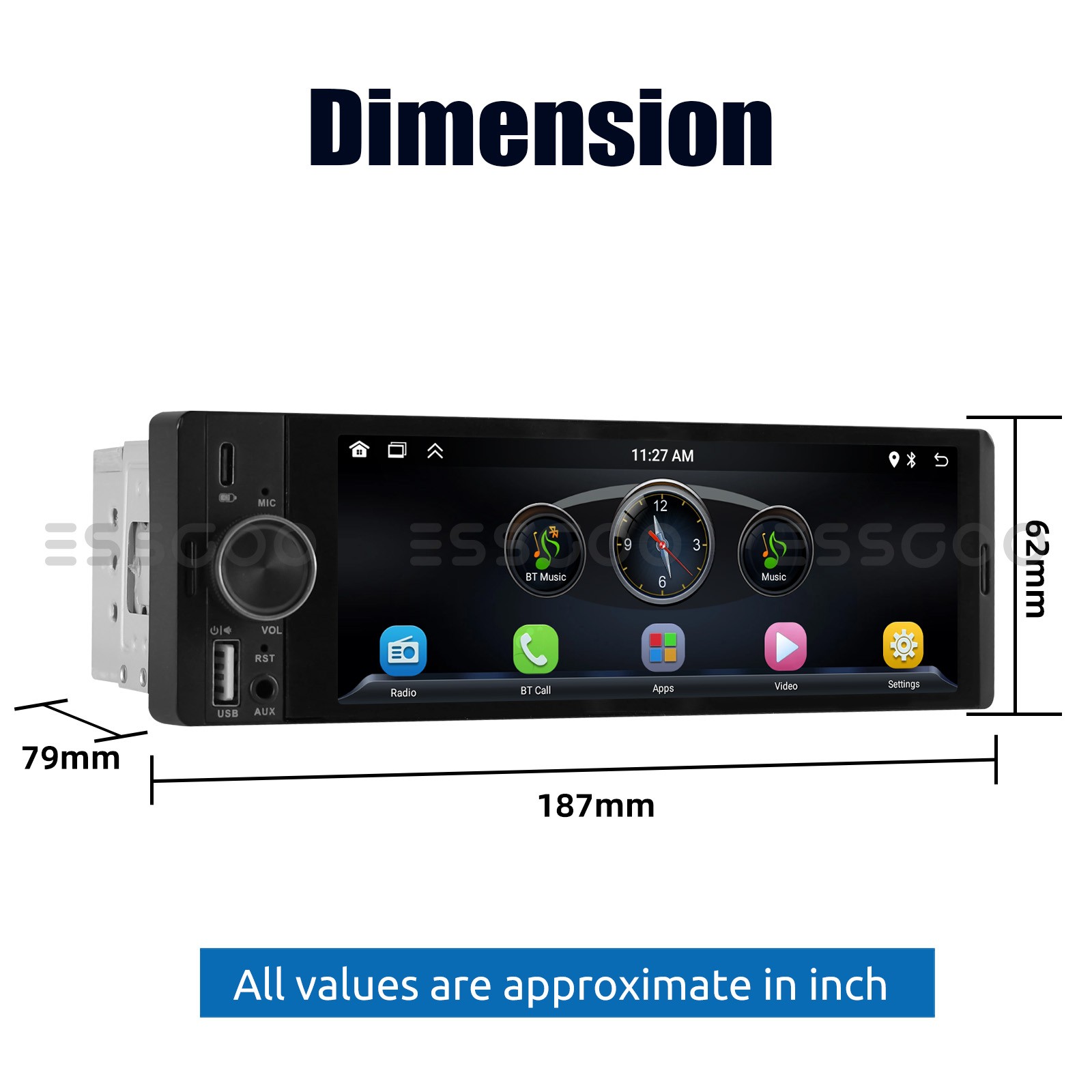 6.36″ IPS Single 1DIN Car Stereo Radio Wireless CarPlay Android Auto USB FM SWC