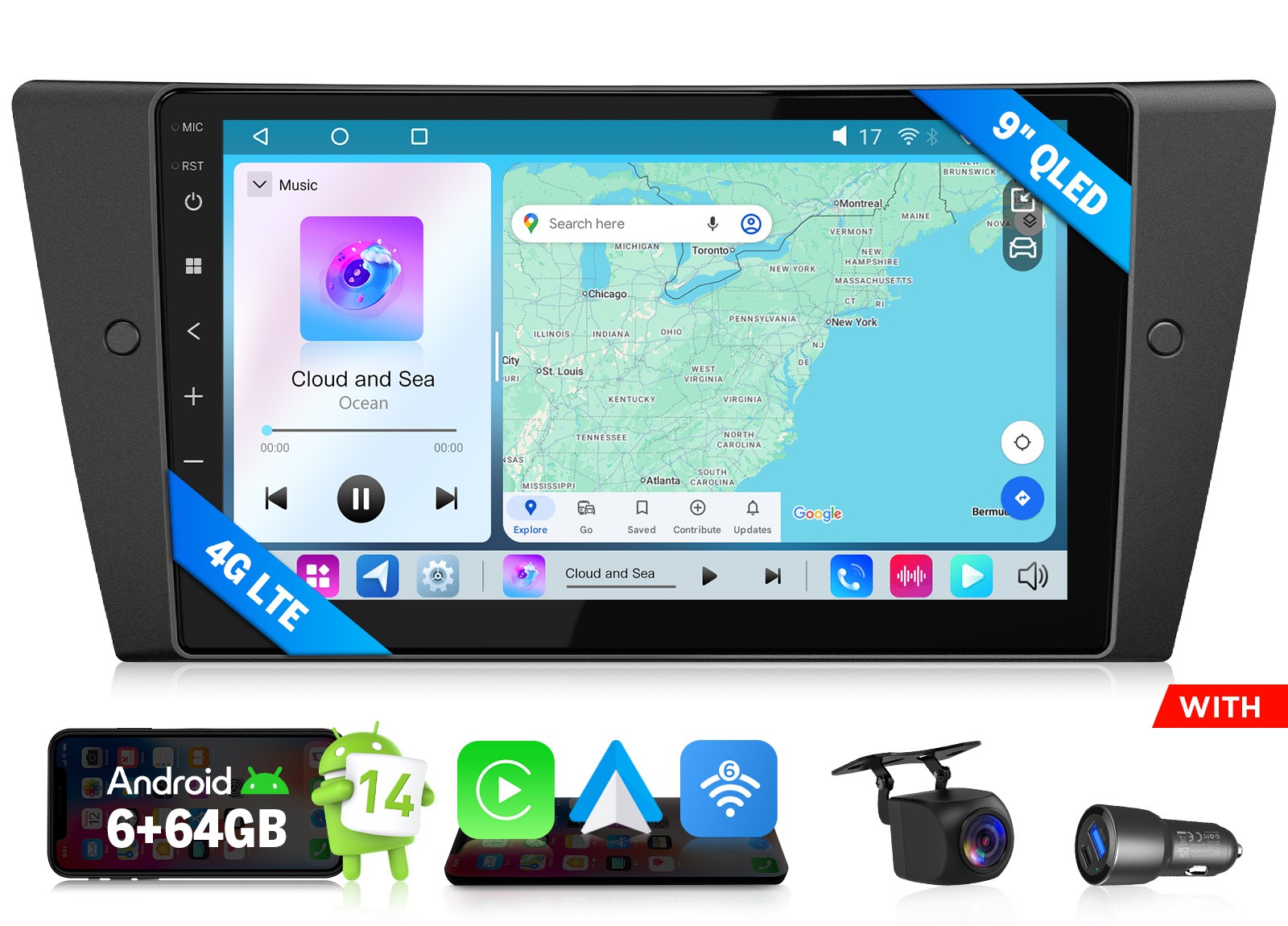 9″ QLED Android Auto 6+64 Car Stereo for BMW E90 M3 Wireless CarPlay Plug & Play