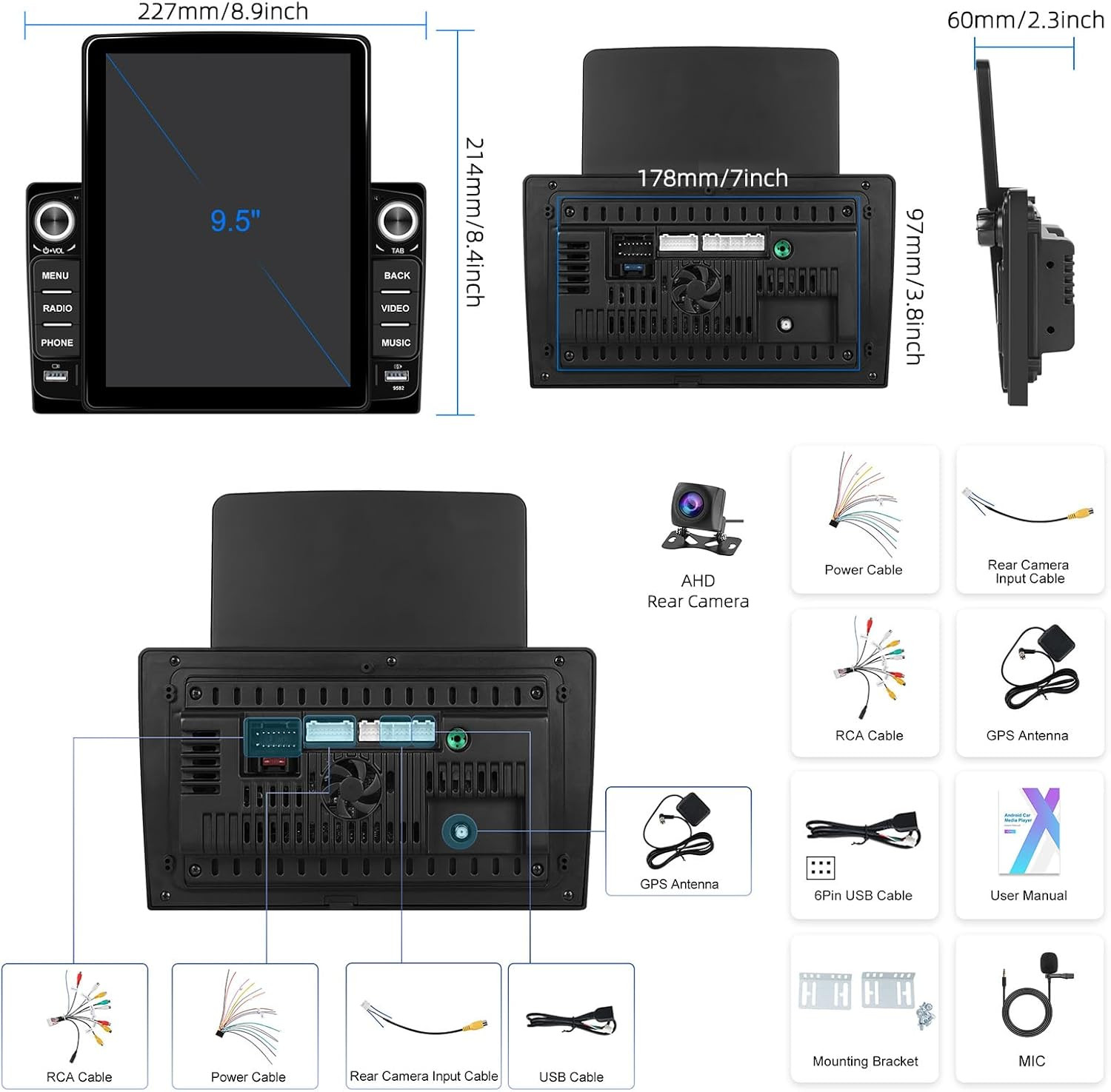 [2+64G] Android 15 Double Din Car Stereo with Wireless Carplay&Android Auto, 9.5
