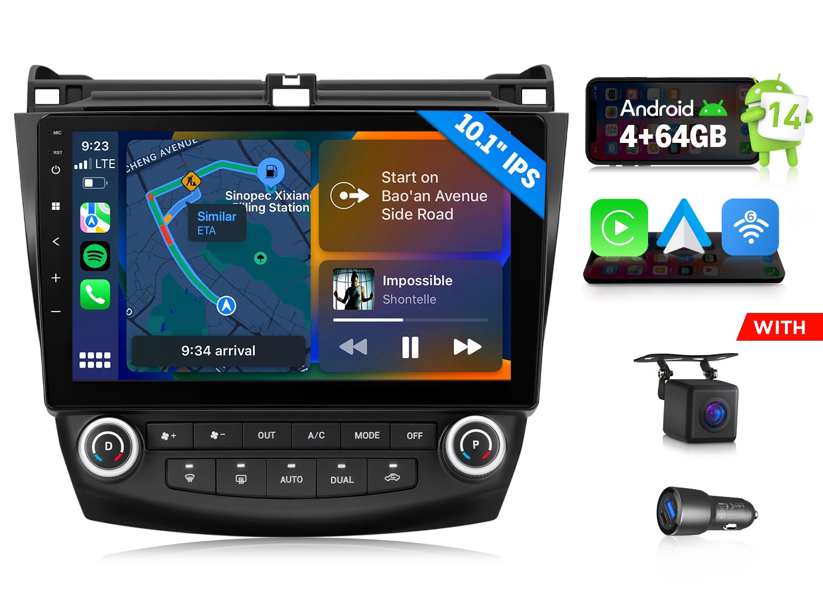 10.1″ IPS Android Auto 4+64 Car Stereo Wireless CarPlay for Honda Accord Upgrade