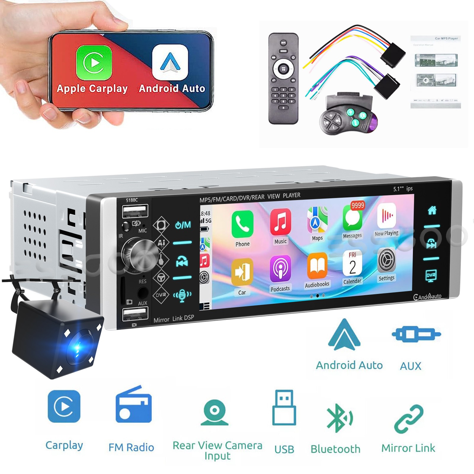 Single 1Din 5″ Touch Screen Car Stereo Bluetooth Radio Apple/Android Carplay Cam