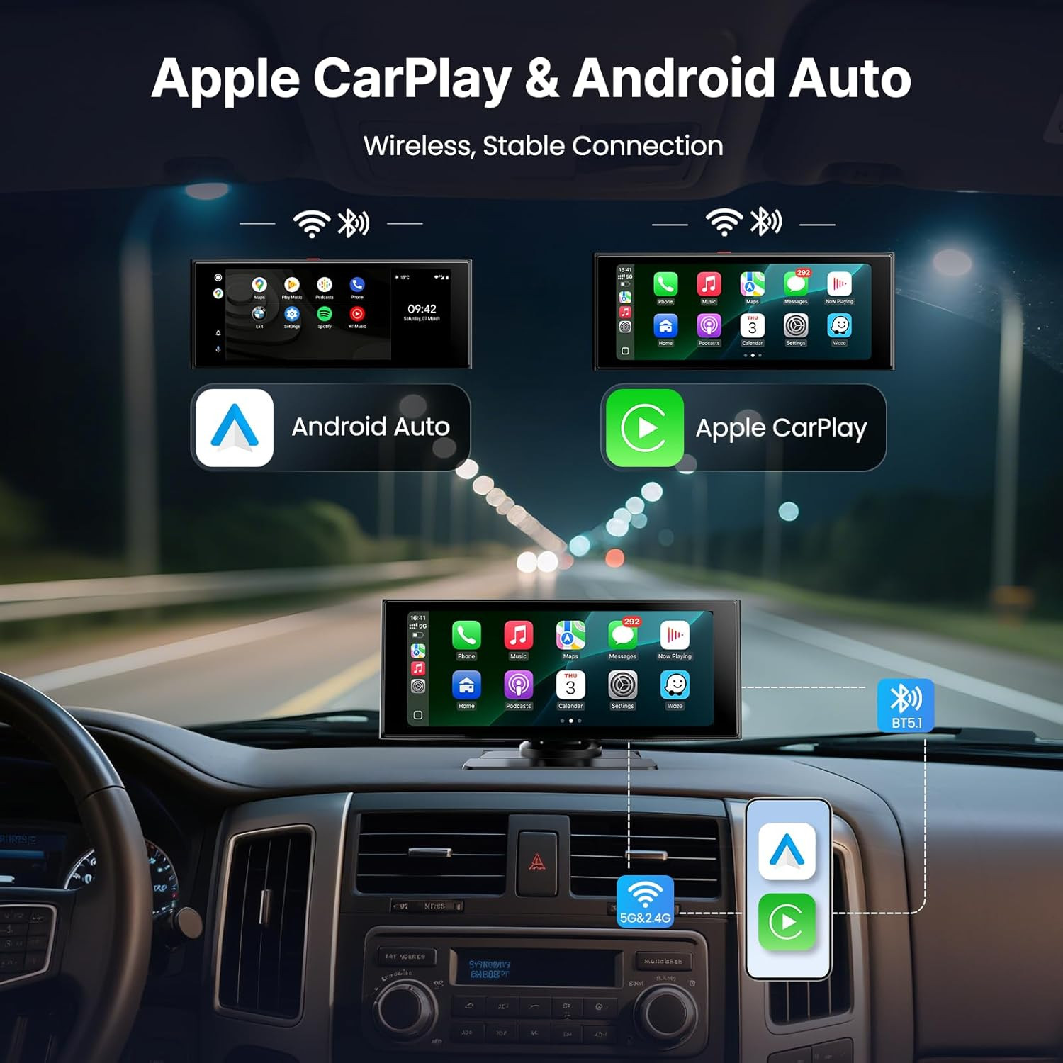 10.26” Wireless Car Play & Android Auto Touchscreen Monitor with Bluetooth
