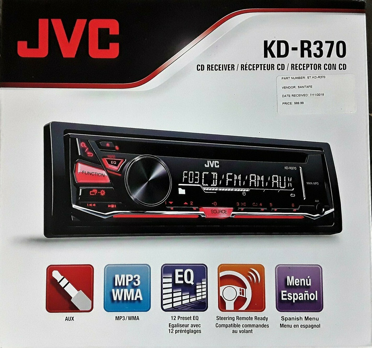 JVC KD-R370 Car Stereo CD MP3 WMA Player 3.5mm Aux In AM FM Radio Receiver 50Wx4