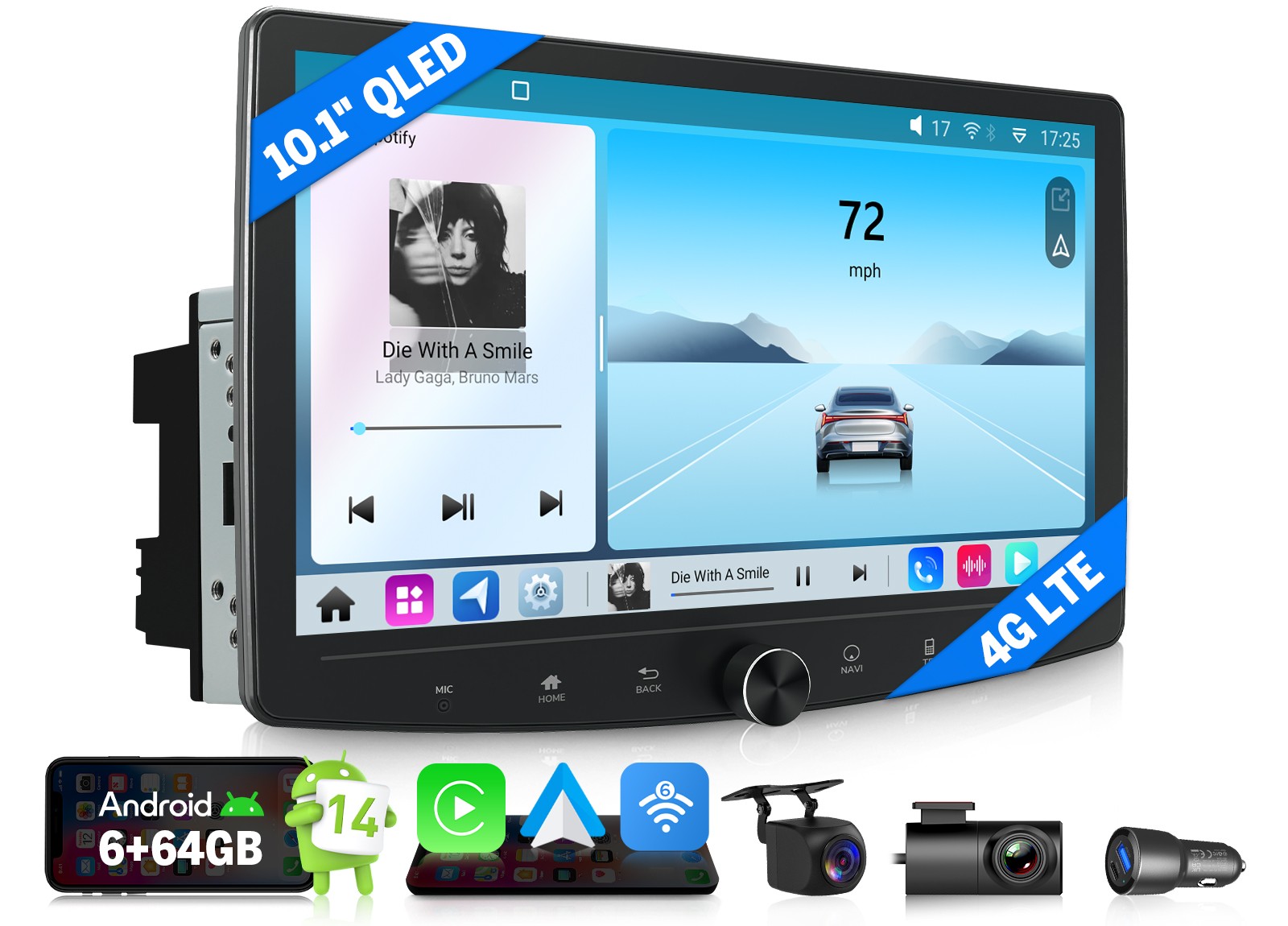 10.1″ QLED Double DIN Car Stereo Wireless CarPlay GPS Sat Nav Multimedia Player
