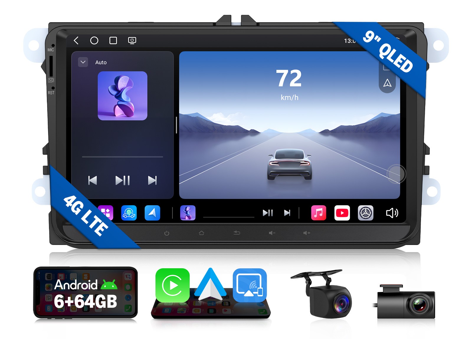 For VW Golf MK5 MK6 Android Auto 9″ QLED Car Stereo Radio CarPlay 6+64 Head Unit