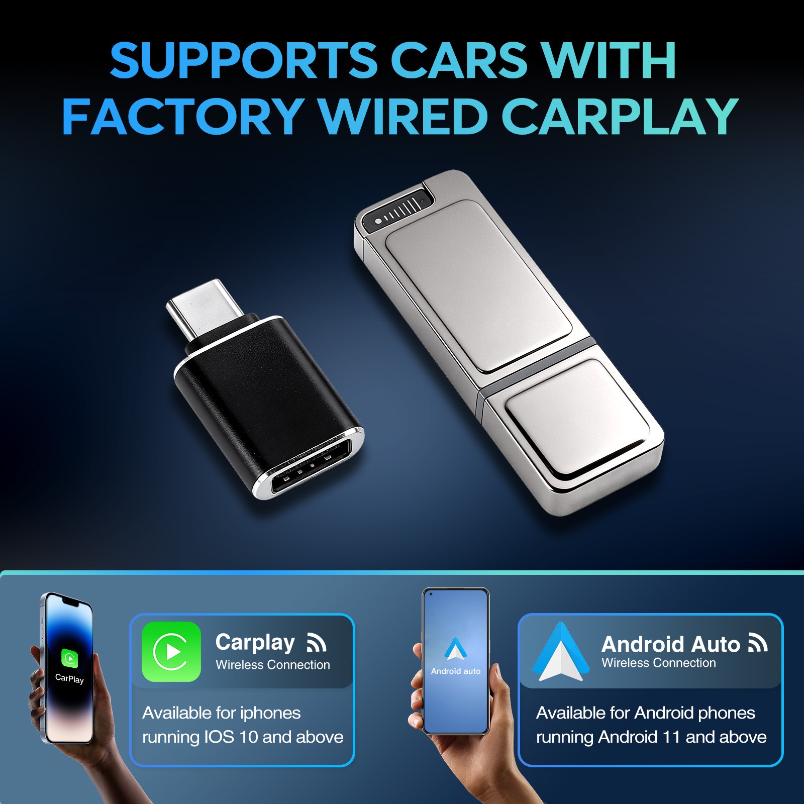 ANDREAM 2-in-1 Wired to Wireless CarPlay & Android Auto Adapter, Plug & Play