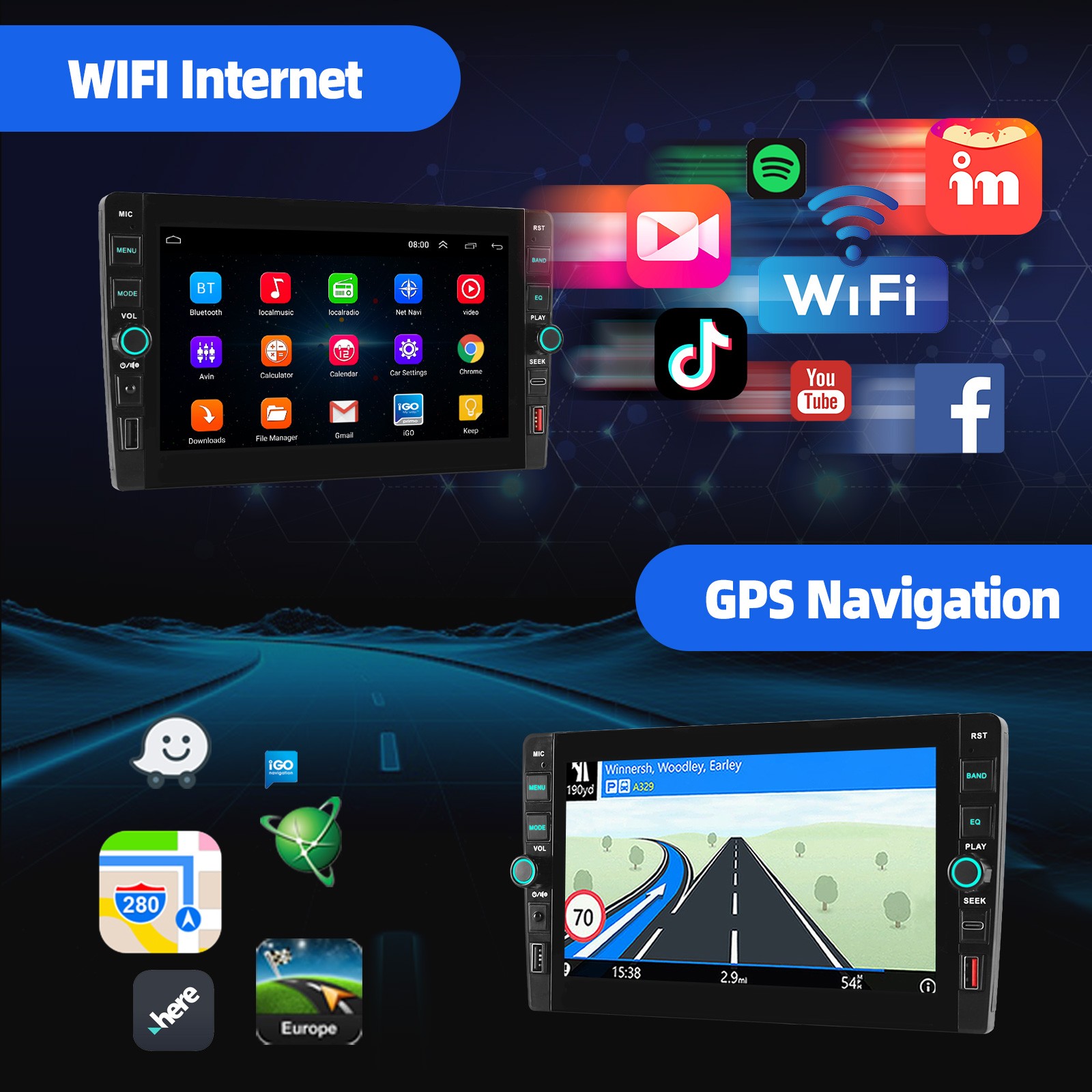 DVR&AHD+ 8″ Car Stereo Radio 2DIN Android 15 Carplay 4+64G GPS Navi USB BT WiFi