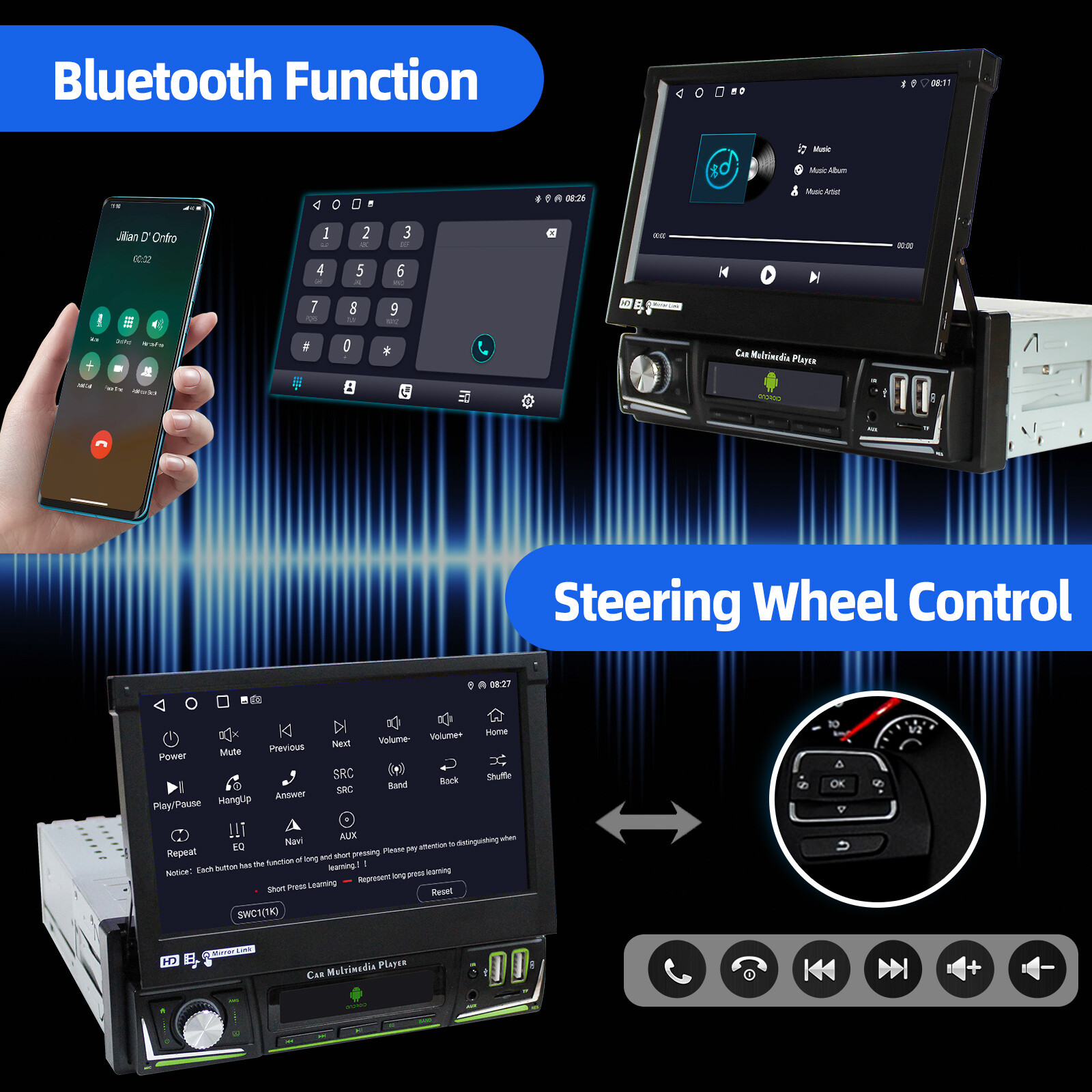 4+64G 1 DIN 7″ Flip Out Android 13 Carplay Car Stereo Radio GPS Navi WIFI FM Cam