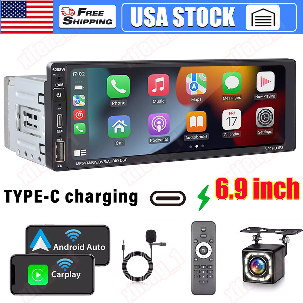Single Din Car Stereo Wireless Apple Carplay 6.9 Touchscreen Bluetooth Radio USB