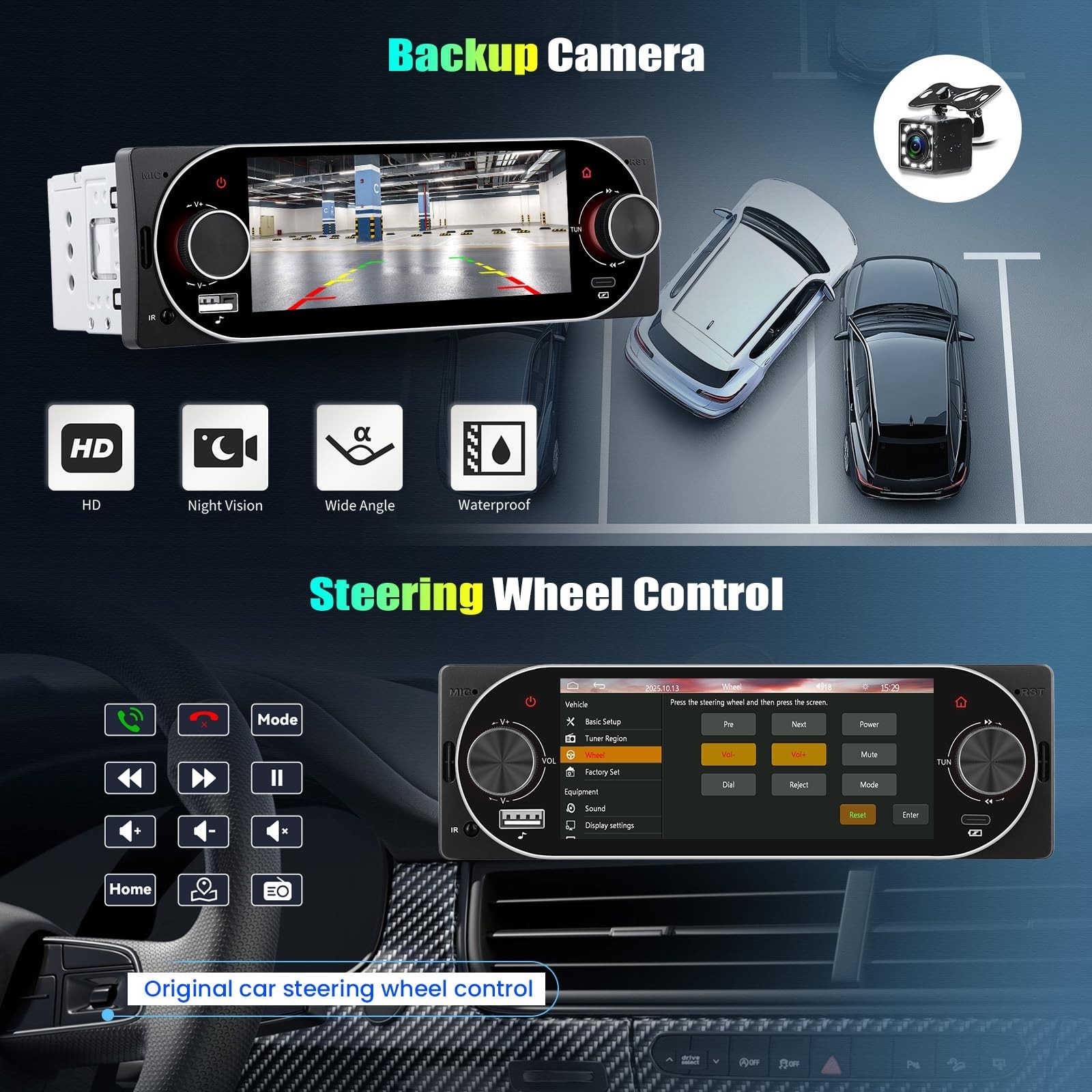 Single Din Car Stereo with Wireless Carplay & Android Auto, 5.1″ Touchscreen, Bl