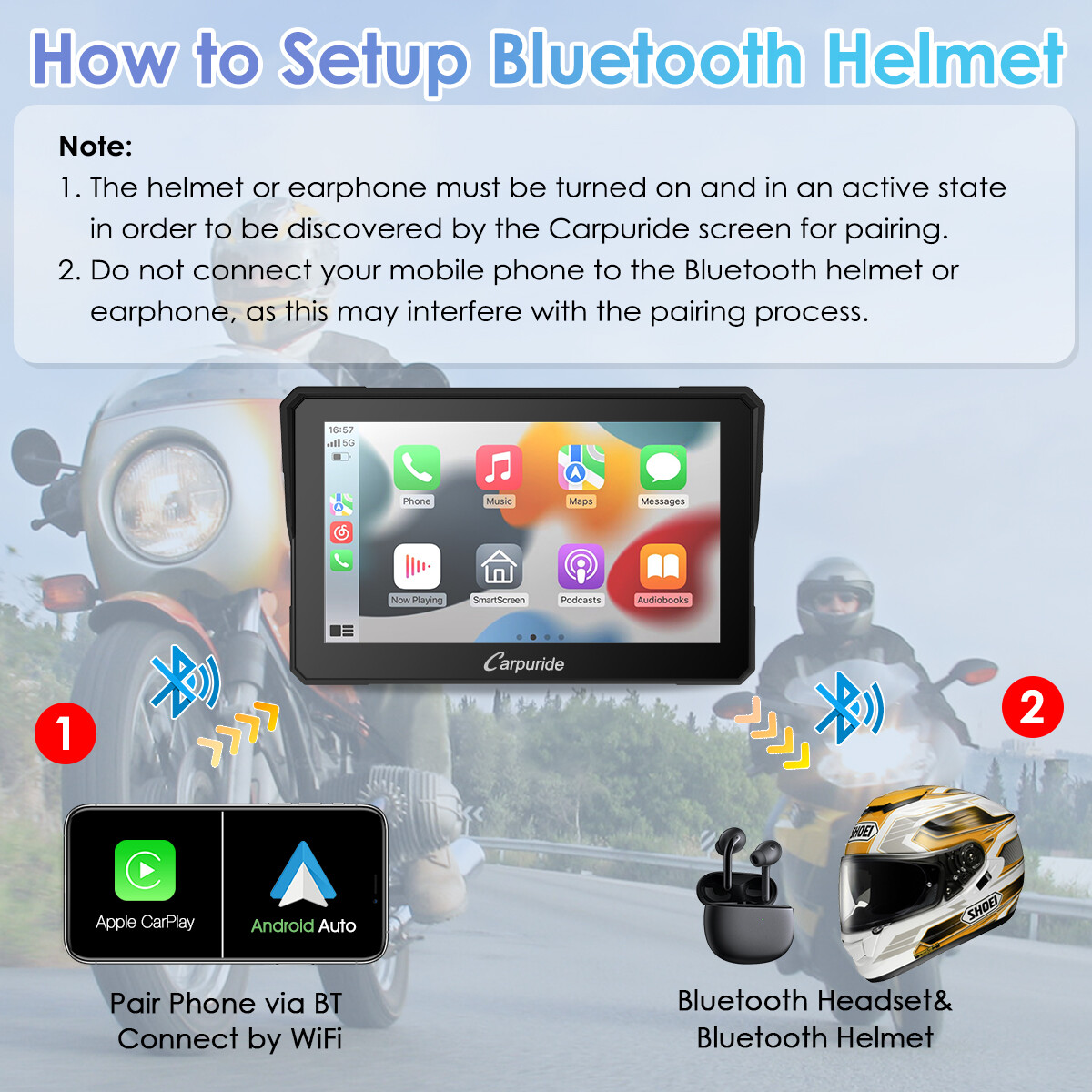 Carpuride 7Inch Motorcycle Stereo Bluetooth Wireless Apple CarPlay Android Auto