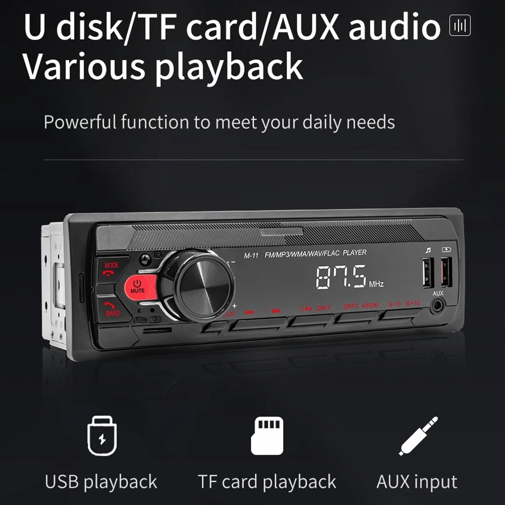 Single Din Car Radio 45W Stereo Bluetooth Receiver MP3 Player USB FM SD Input