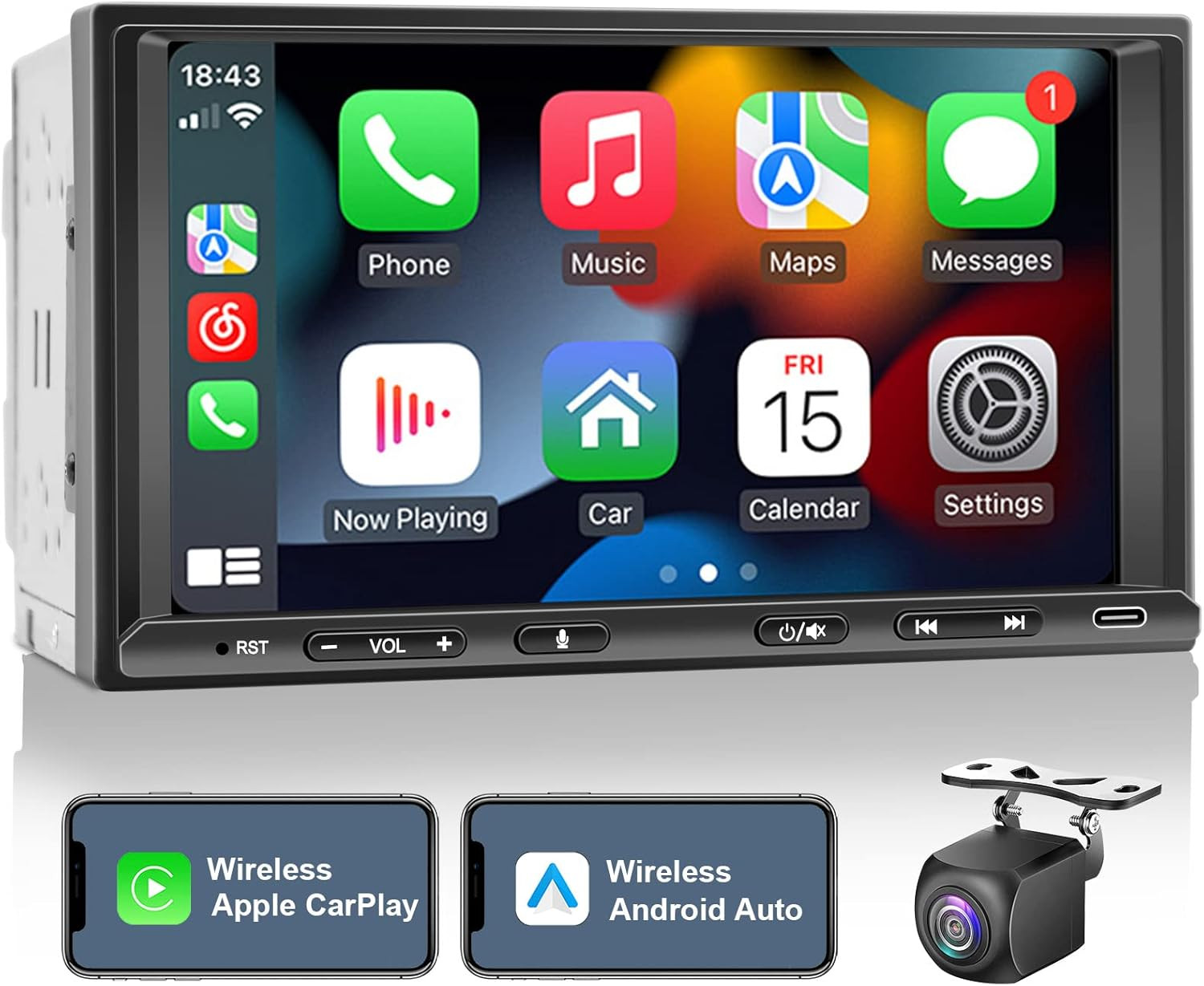 Double Din Car Stereo Radio Wireless Carplay Wireless Android Auto, 7In Touchscr