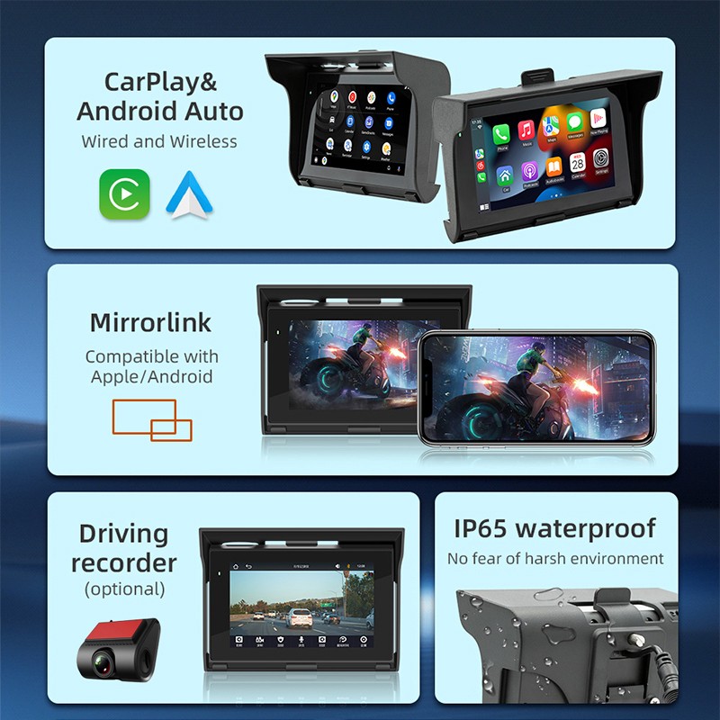 Bluetooth 5.0 CarPlay 5″ Motorcycle MP5 Player Android Auto DVR Support
