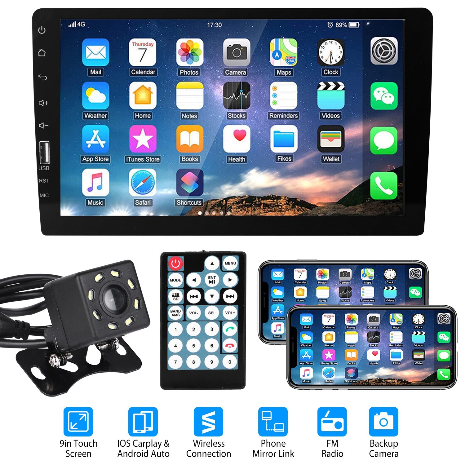 9in Car Stereo 1 Din Radio Touchscreen w/Camera Mirror Link Carplay/Android Auto