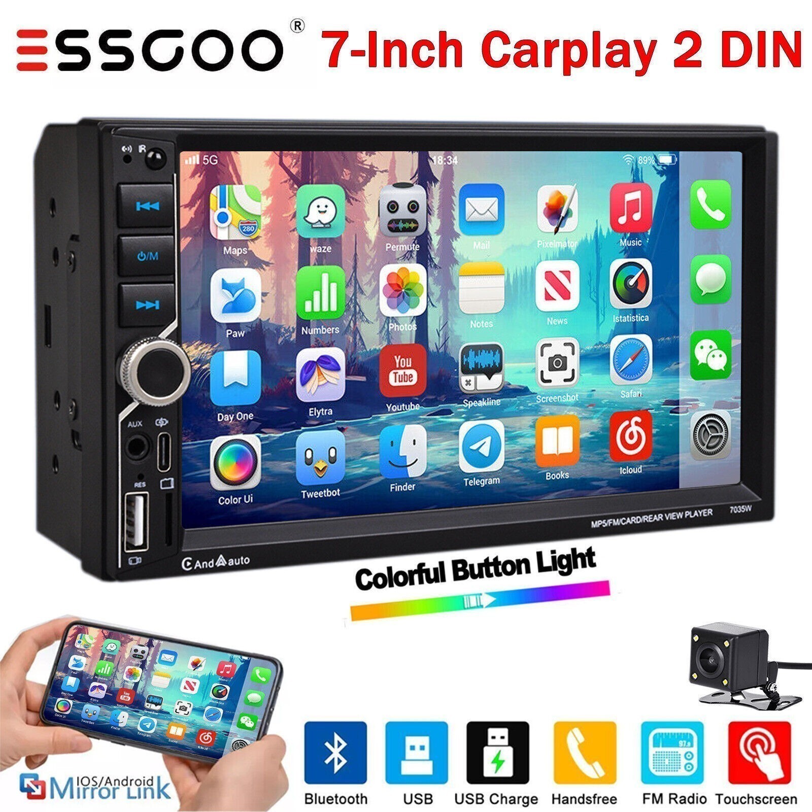 7″ Double 2Din Apple CarPlay Car Stereo Radio Android Auto Touch Screen BT + Cam