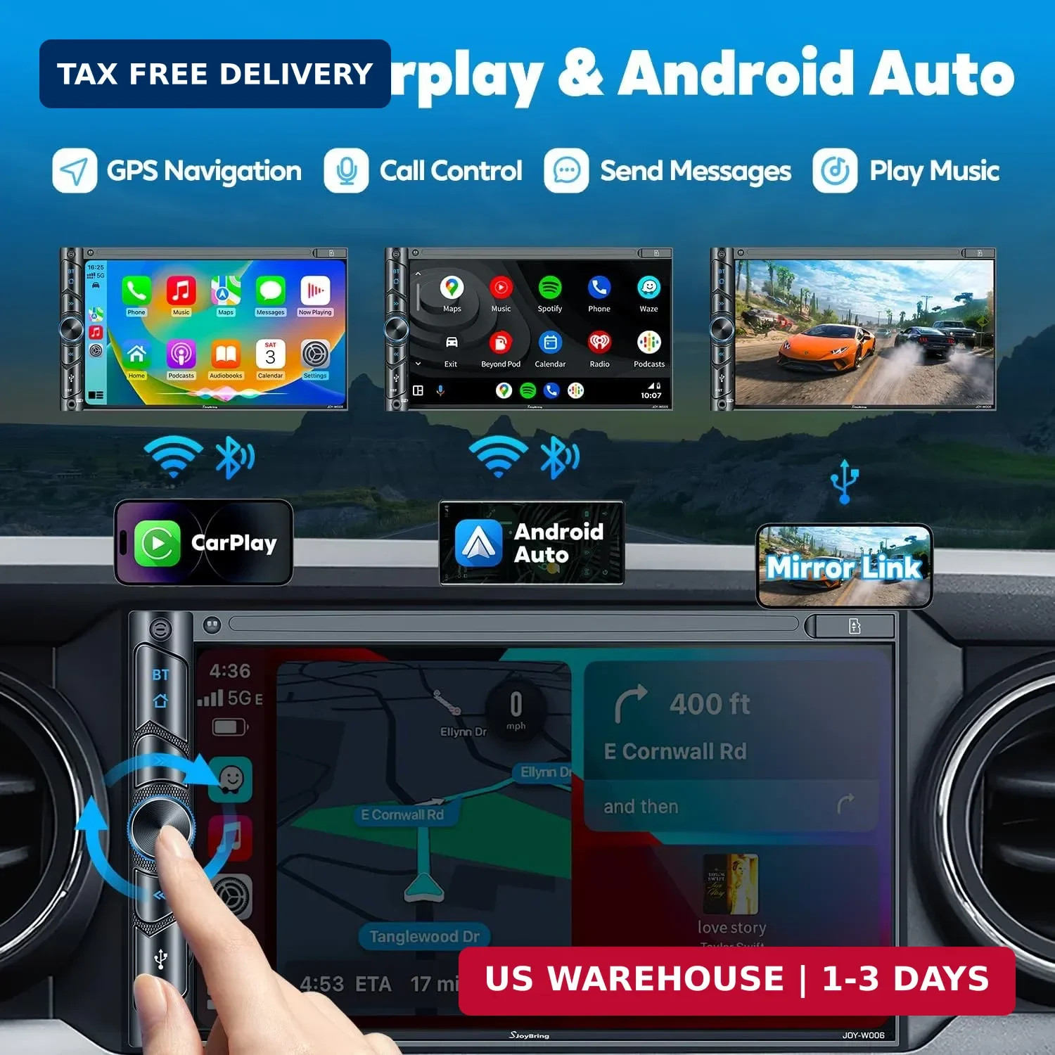 Upgrade Wireless Double Din Car Stereo with Carplay, Android Auto, Bluetooth, 4-