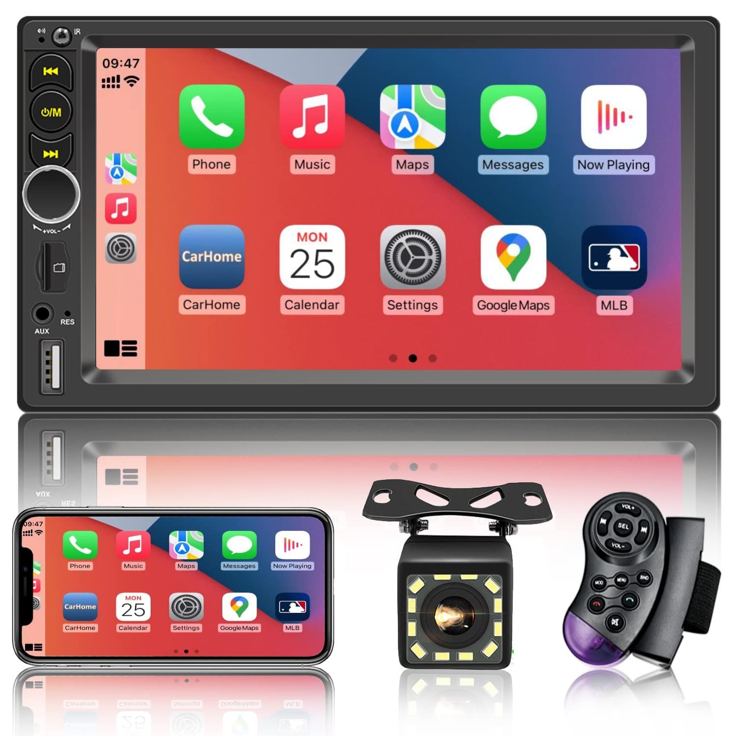 7″ Double Din Car Stereo with Apple CarPlay, Bluetooth 5.1 & Backup Camera
