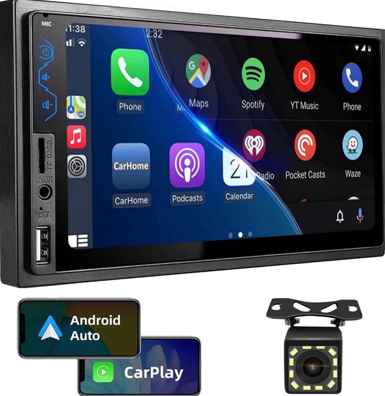 Double Din Car Stereo Compatible w Apple CarPlay Android Auto 7 in HD Backup Cam